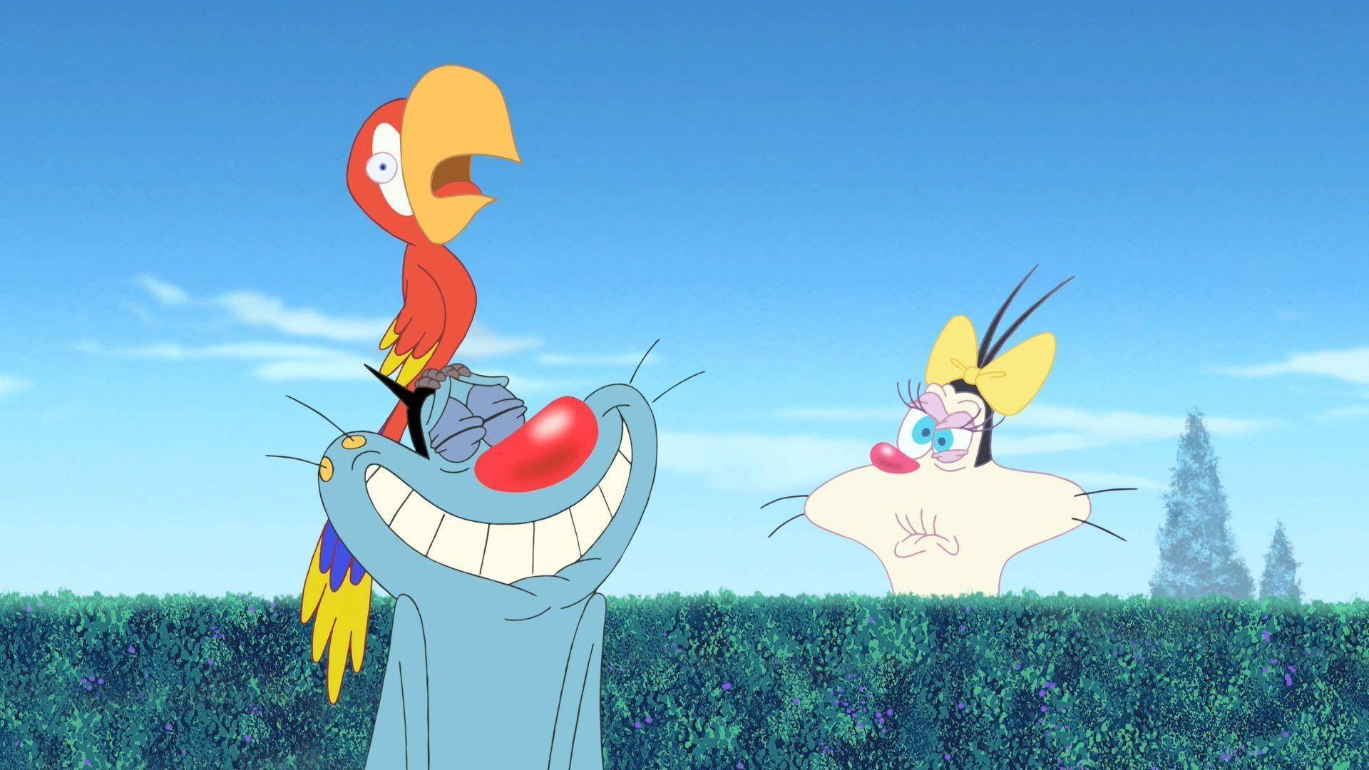 Oggy And The Cockroaches, blue cat, parrot, Full HD Desktop Wallpaper