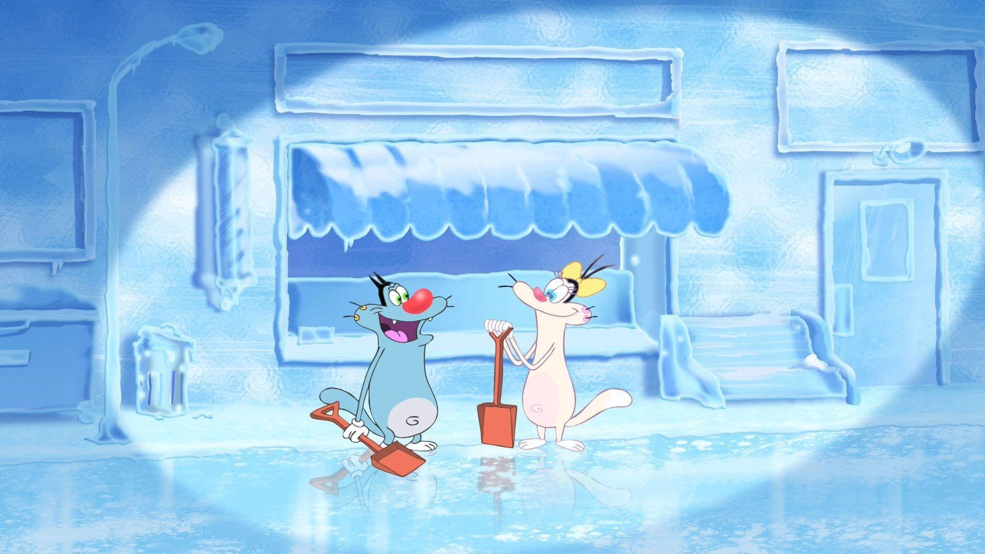 Oggy And The Cockroaches, Ice Shop, frozen urban street, Full HD Desktop Wallpaper