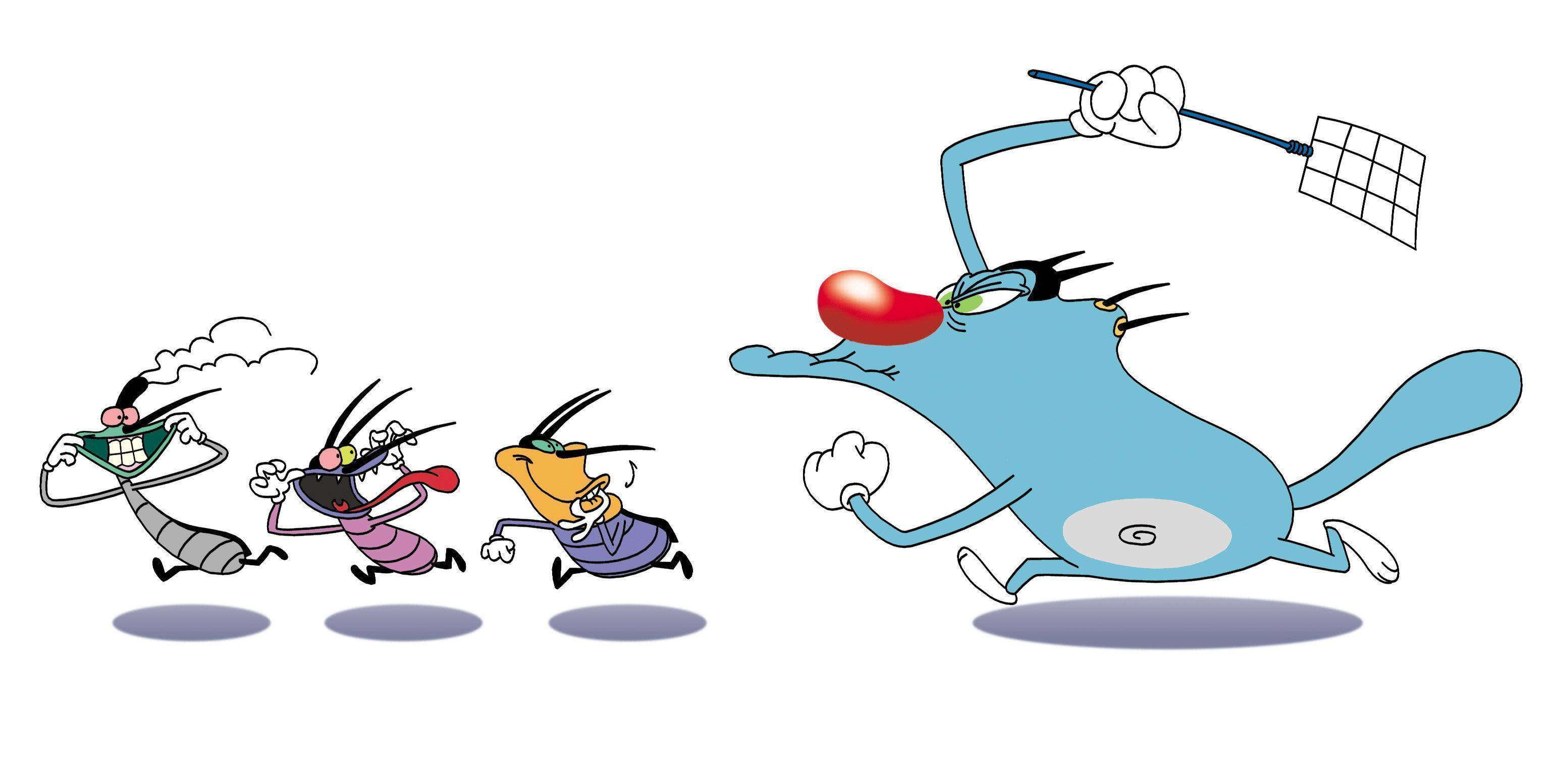 Oggy And The Cockroaches, blue cartoon cat, three fleeing insect-like characters, 2K Desktop Wallpaper