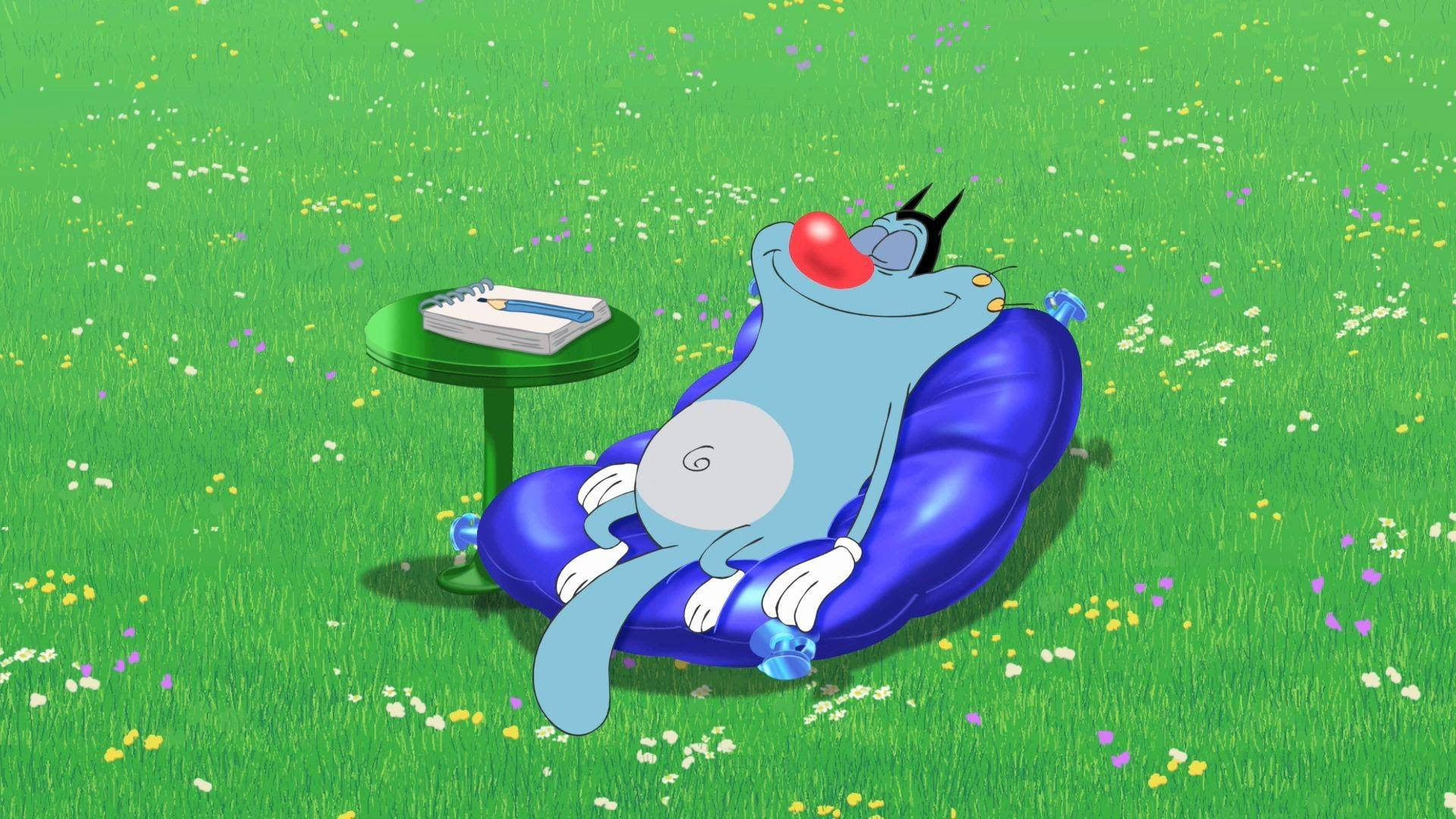 Oggy And The Cockroaches, blue cartoon cat, purple inflatable chair, Full HD Desktop Wallpaper