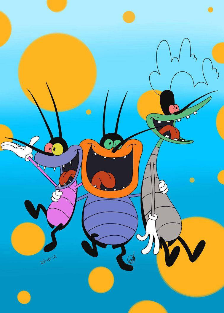 Oggy And The Cockroaches, three cartoon cockroaches, exaggerated expressions and limbs, SD Phone Wallpaper
