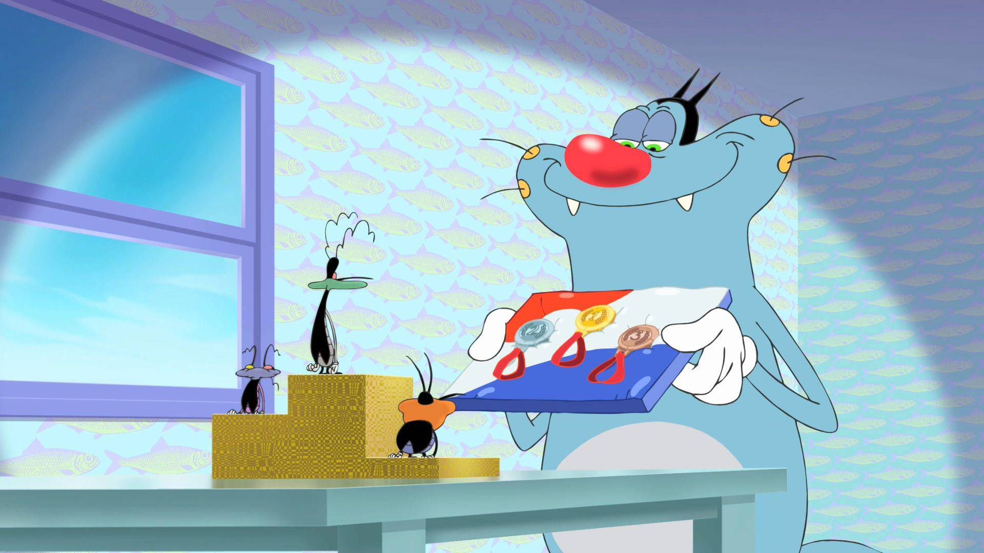 Oggy And The Cockroaches, blue cartoon cat, red nose, Full HD Desktop Wallpaper