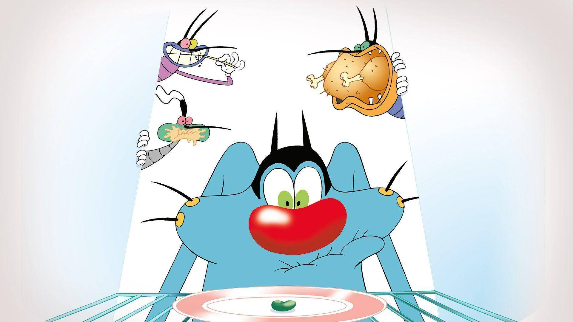 Oggy And The Cockroaches, blue cartoon cat, red nose, Full HD Desktop Wallpaper