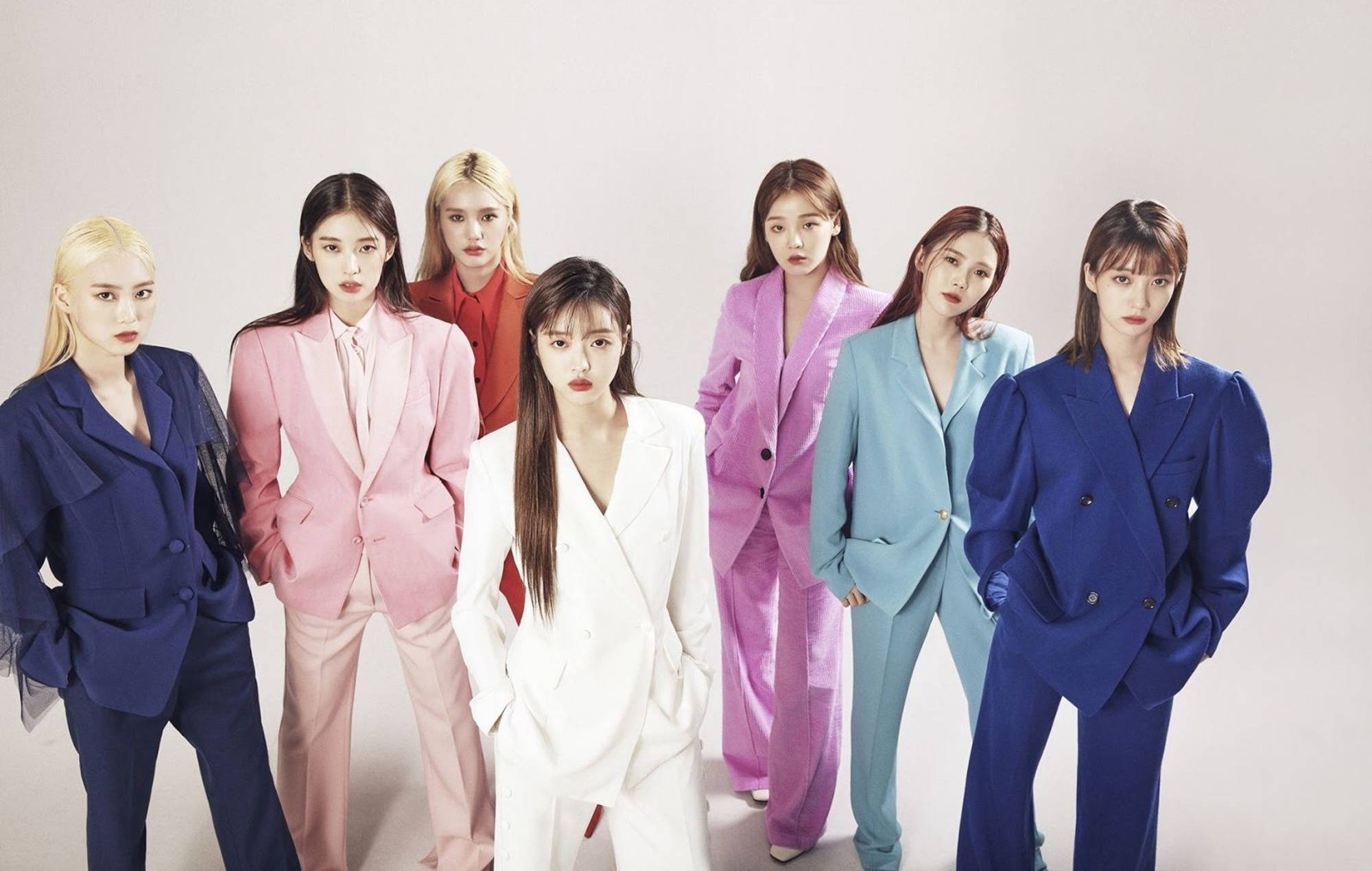 Oh My Girl, colorful suits, white studio backdrop, Full HD Desktop Wallpaper