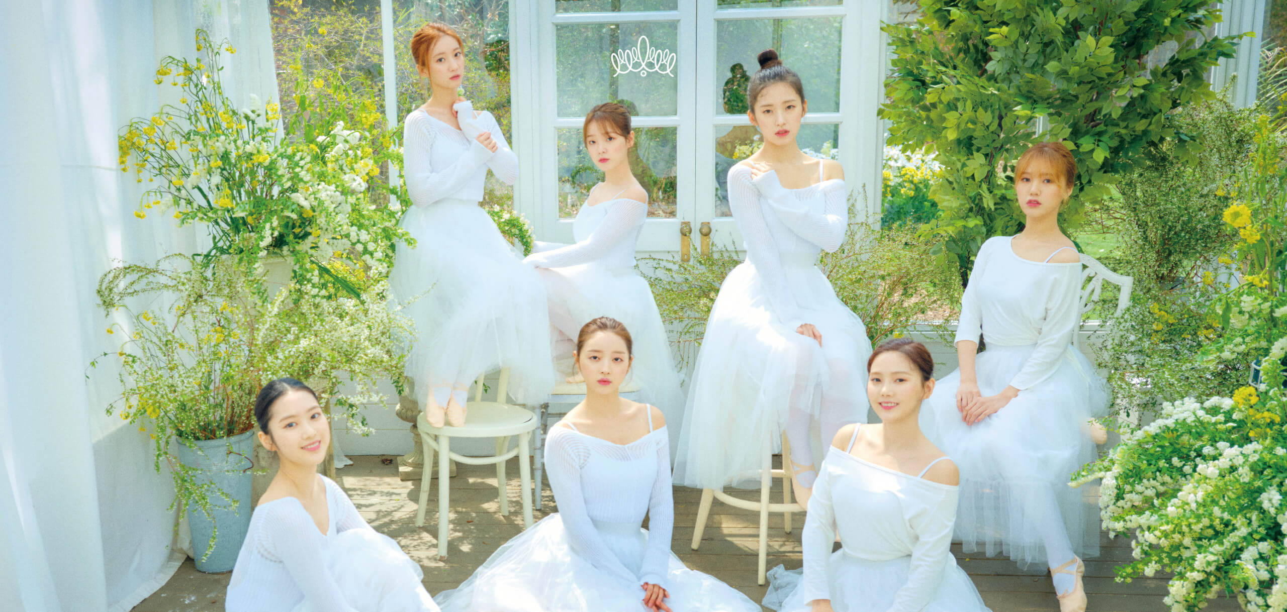 Oh My Girl, white dresses, lush greenery, 2K Desktop Wallpaper