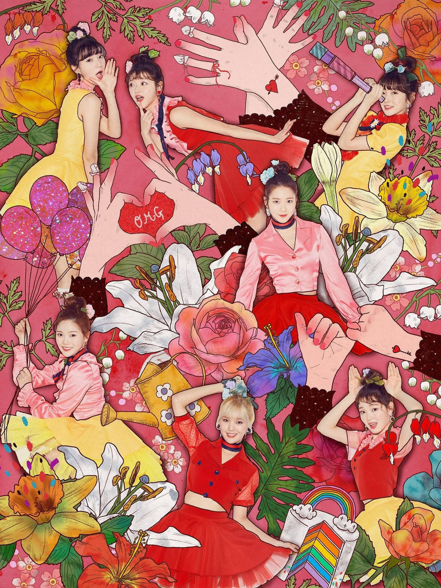 Oh My Girl, Coloring Book, pink background, Full HD Phone Wallpaper
