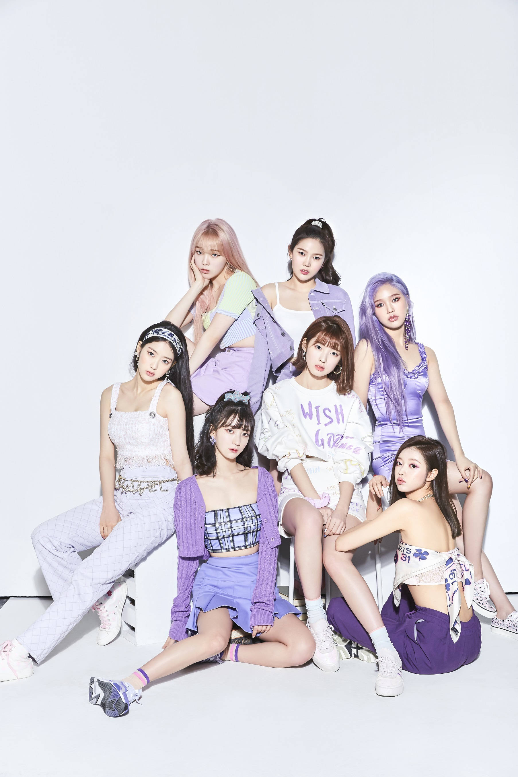 Oh My Girl, pastel purple outfits, colorful hair, 2K Phone Wallpaper