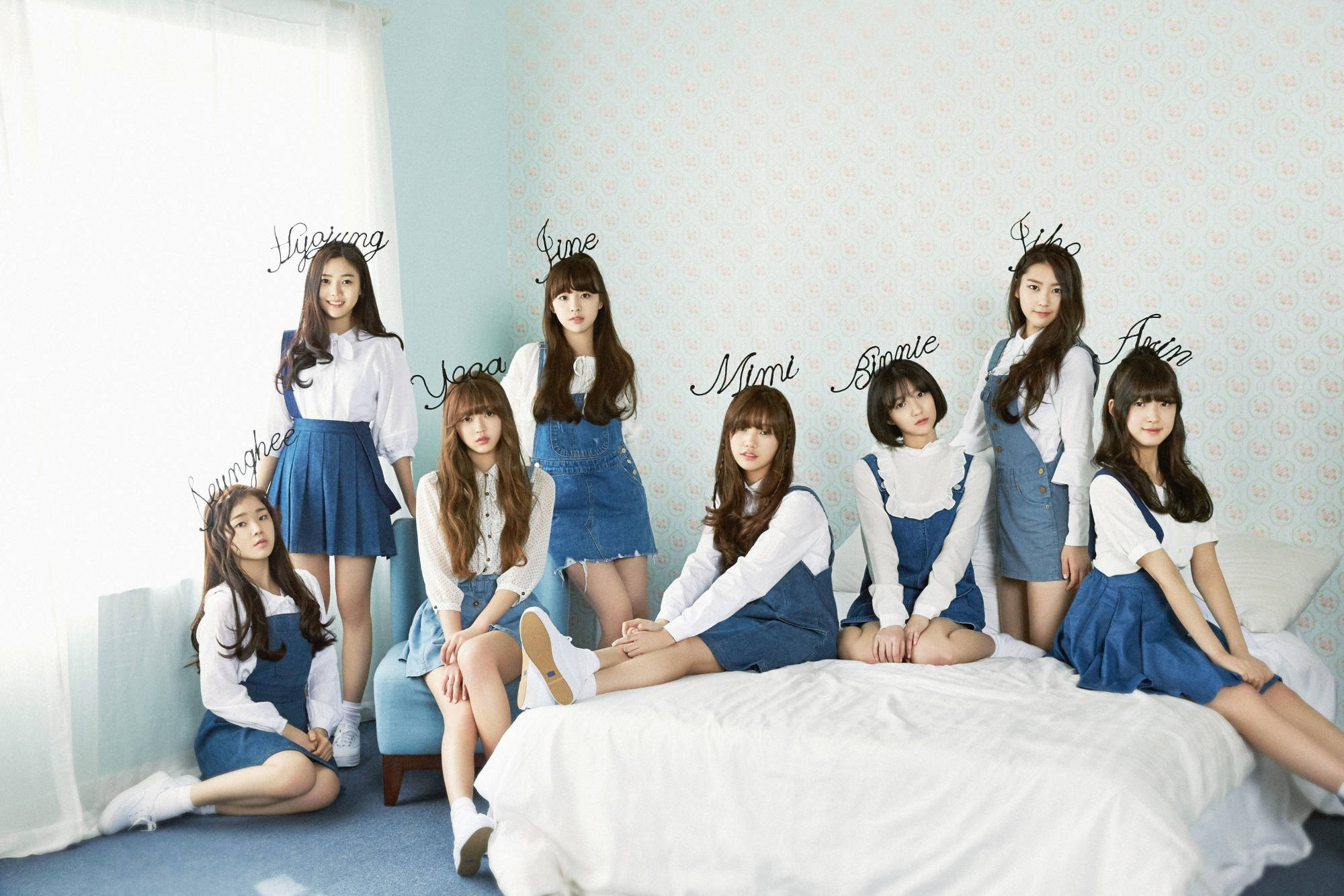 Oh My Girl, white shirts, blue overalls, Full HD Desktop Wallpaper