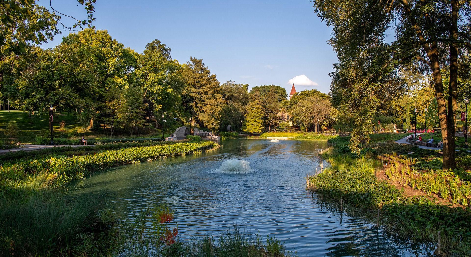 Ohio State University, sunny mirror lake, fountain, Full HD Desktop Wallpaper