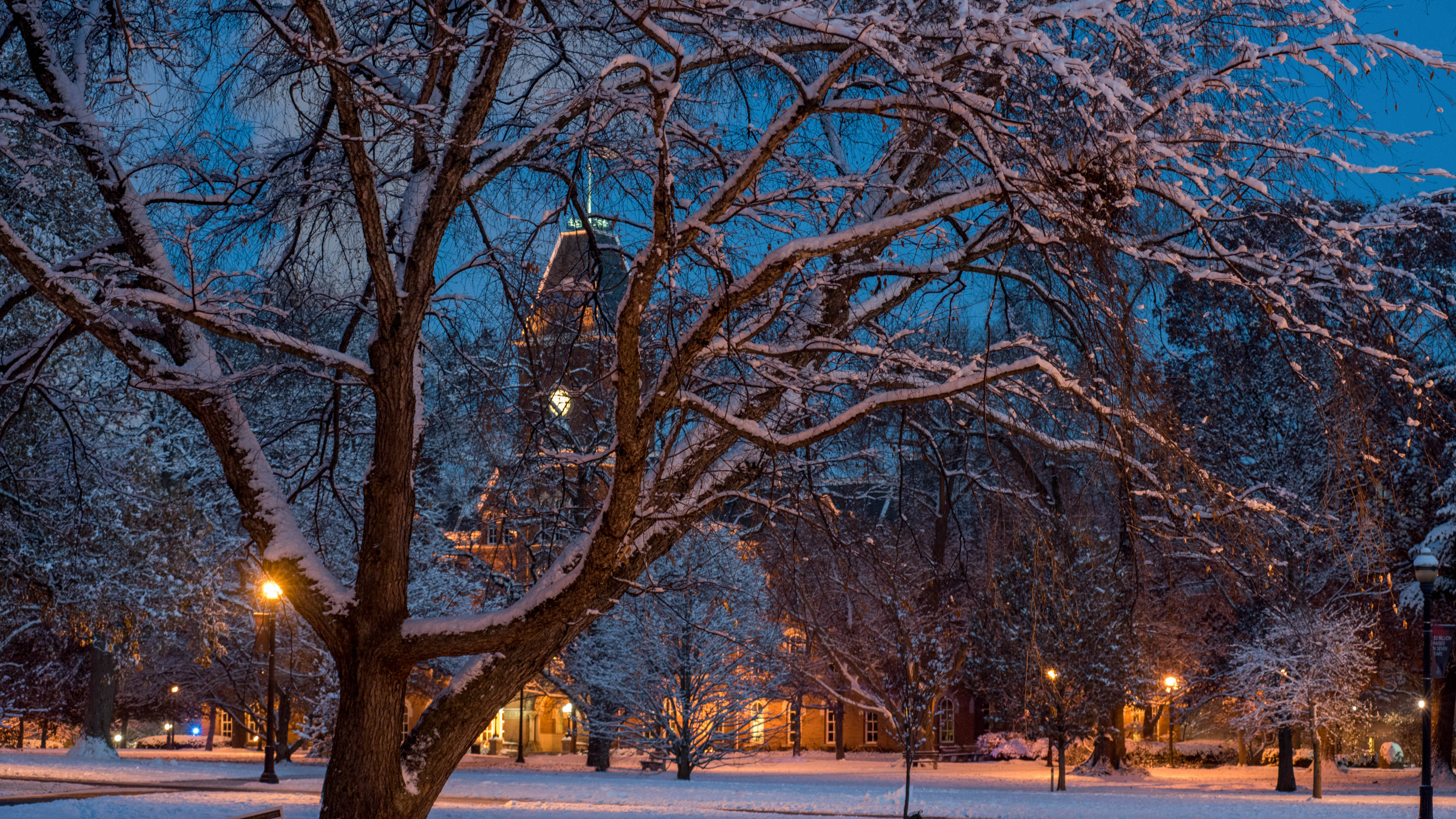 Ohio State University, snow-covered campus, bare trees, 4K Desktop Wallpaper
