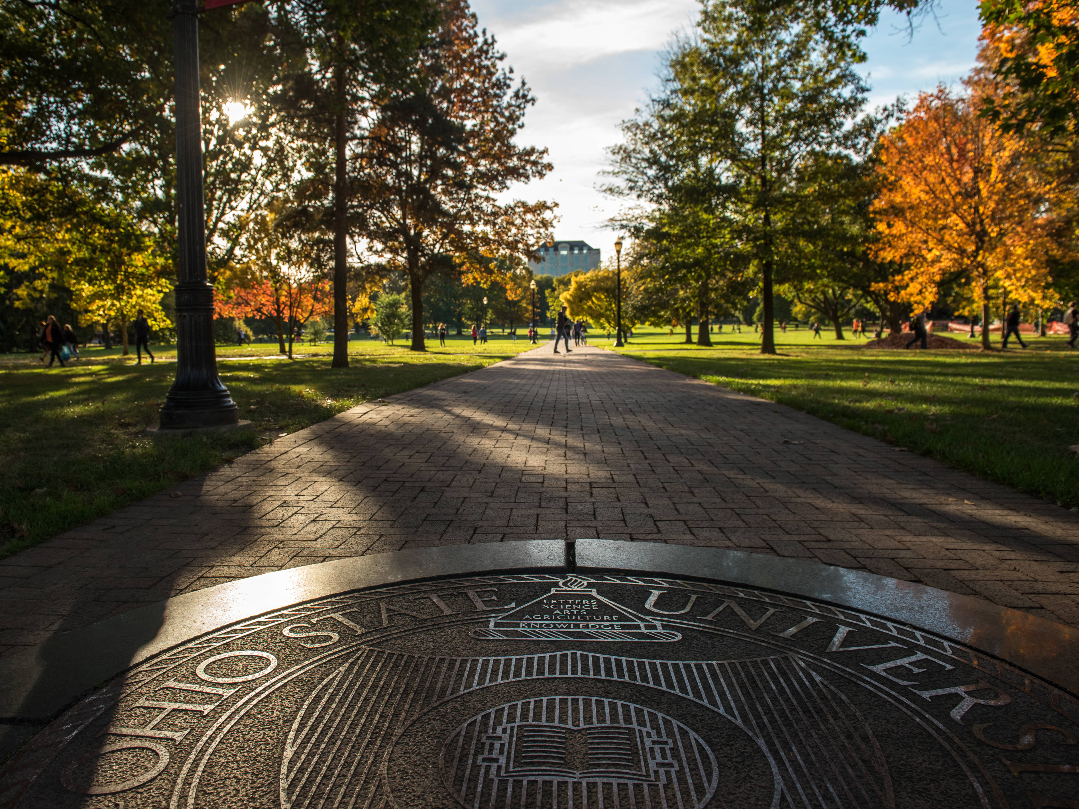 Ohio State University, seal, sunlit brick path, 2K Desktop Wallpaper
