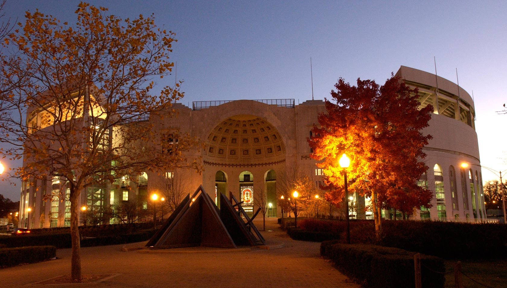 Ohio State University Stadium, dusk, warm lights, HD Desktop Wallpaper