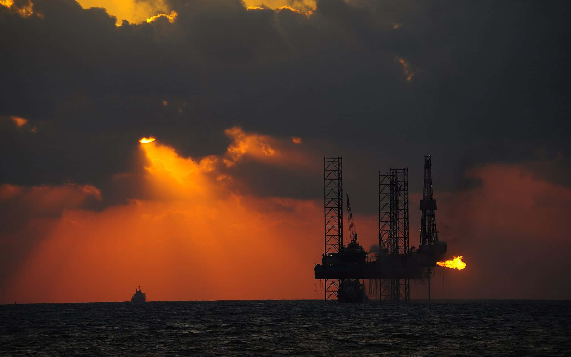 oil rig, ocean, sunset, Full HD Desktop Wallpaper