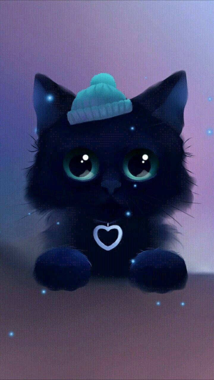 kawaii cat, bonnet, blue heart, HD Phone Wallpaper