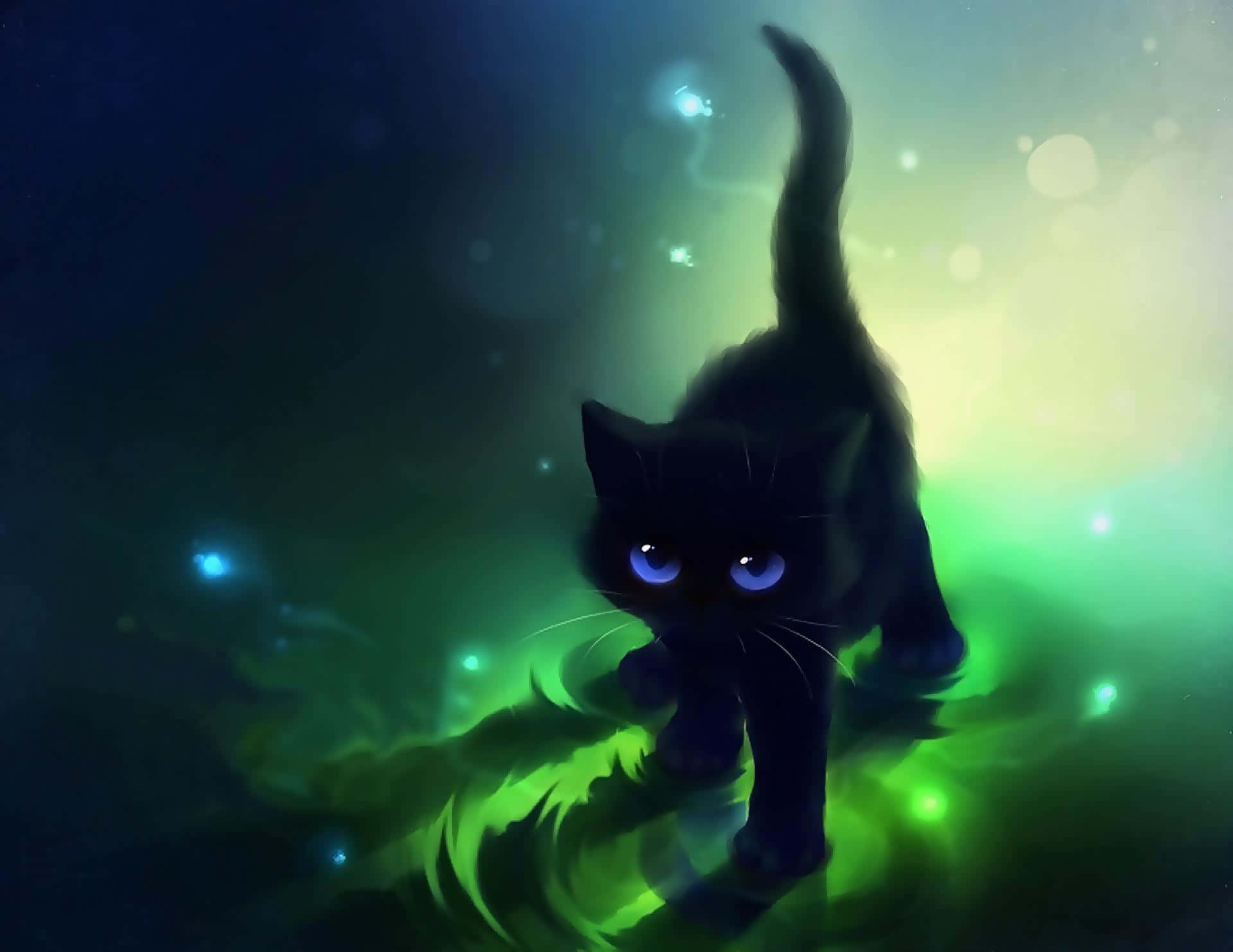 black cat, glowing blue eyes, swirling green and blue magical mist, Full HD Desktop Wallpaper