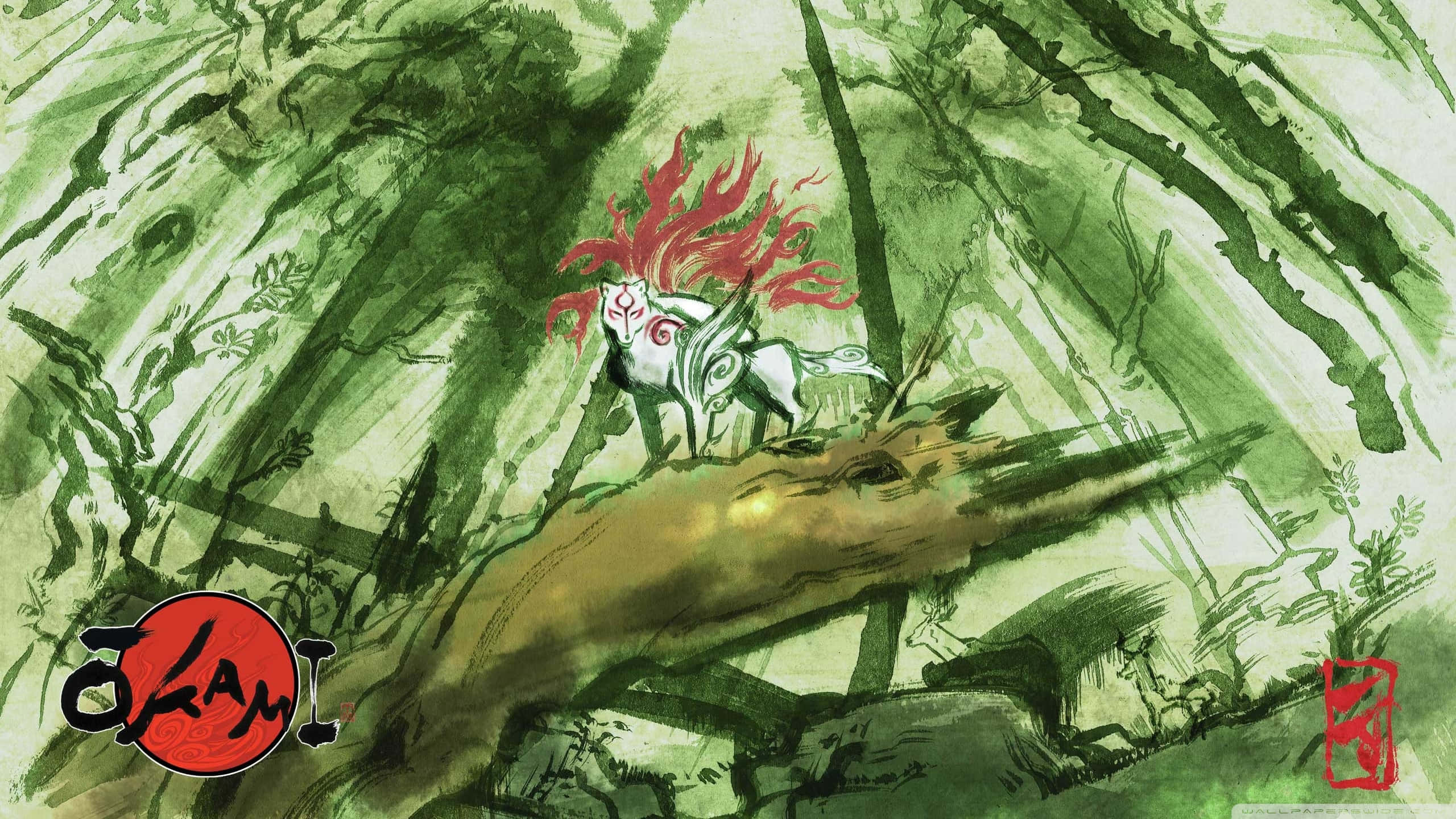 Okami HD, white wolf, red flame-like mane, 2K Desktop Wallpaper