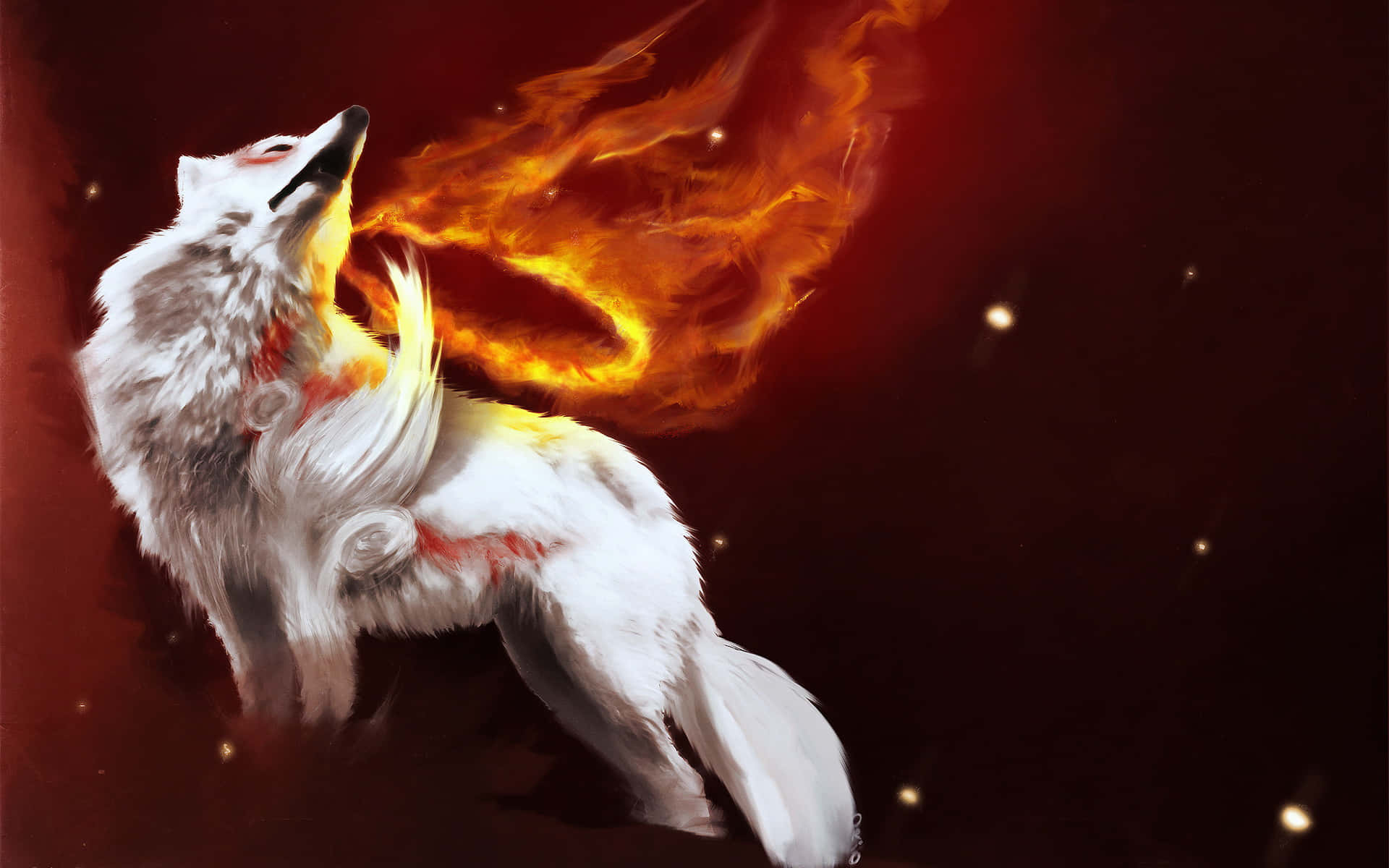 Okami HD, white wolf, fiery wings, Full HD Desktop Wallpaper