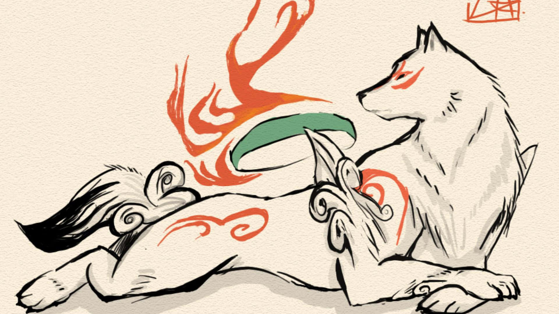 Okami HD, white fox, red markings, Full HD Desktop Wallpaper