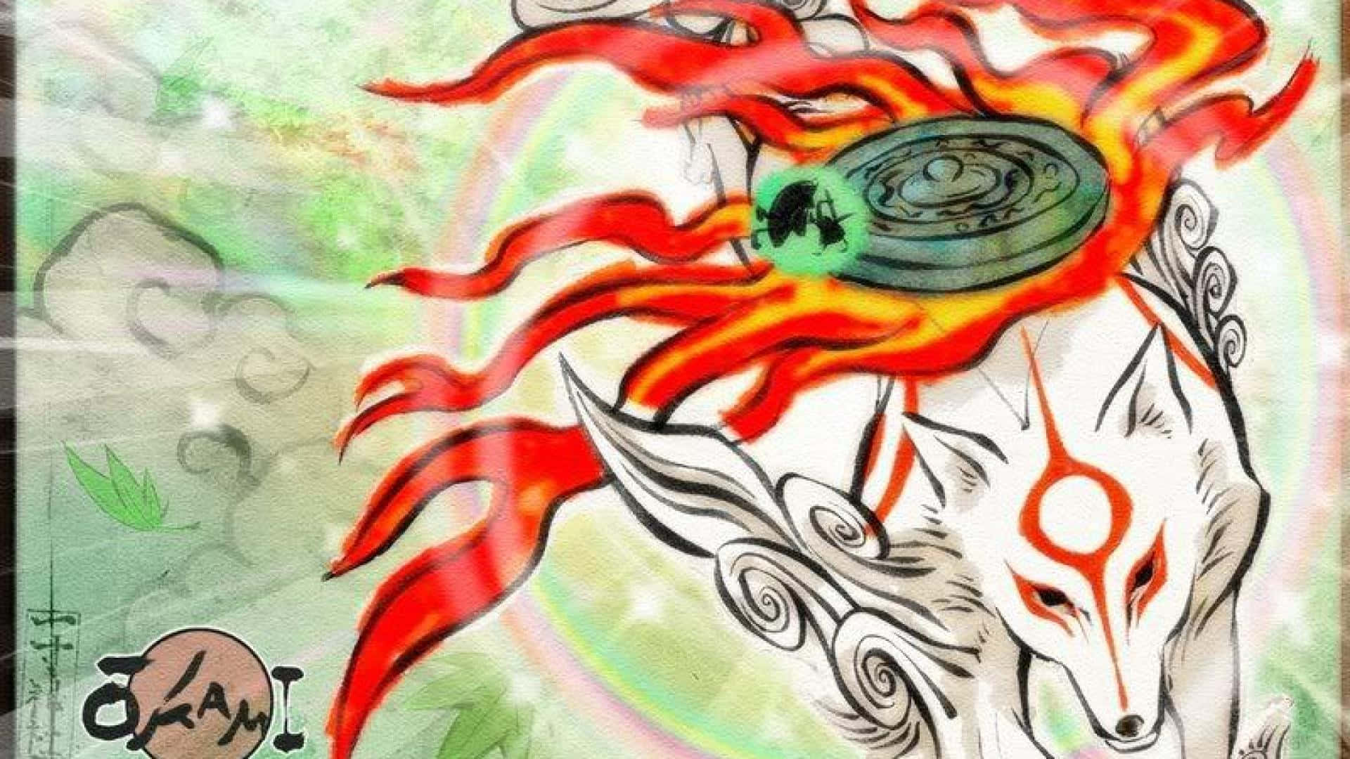 Okami HD, white fox, red flame-like markings, Full HD Desktop Wallpaper
