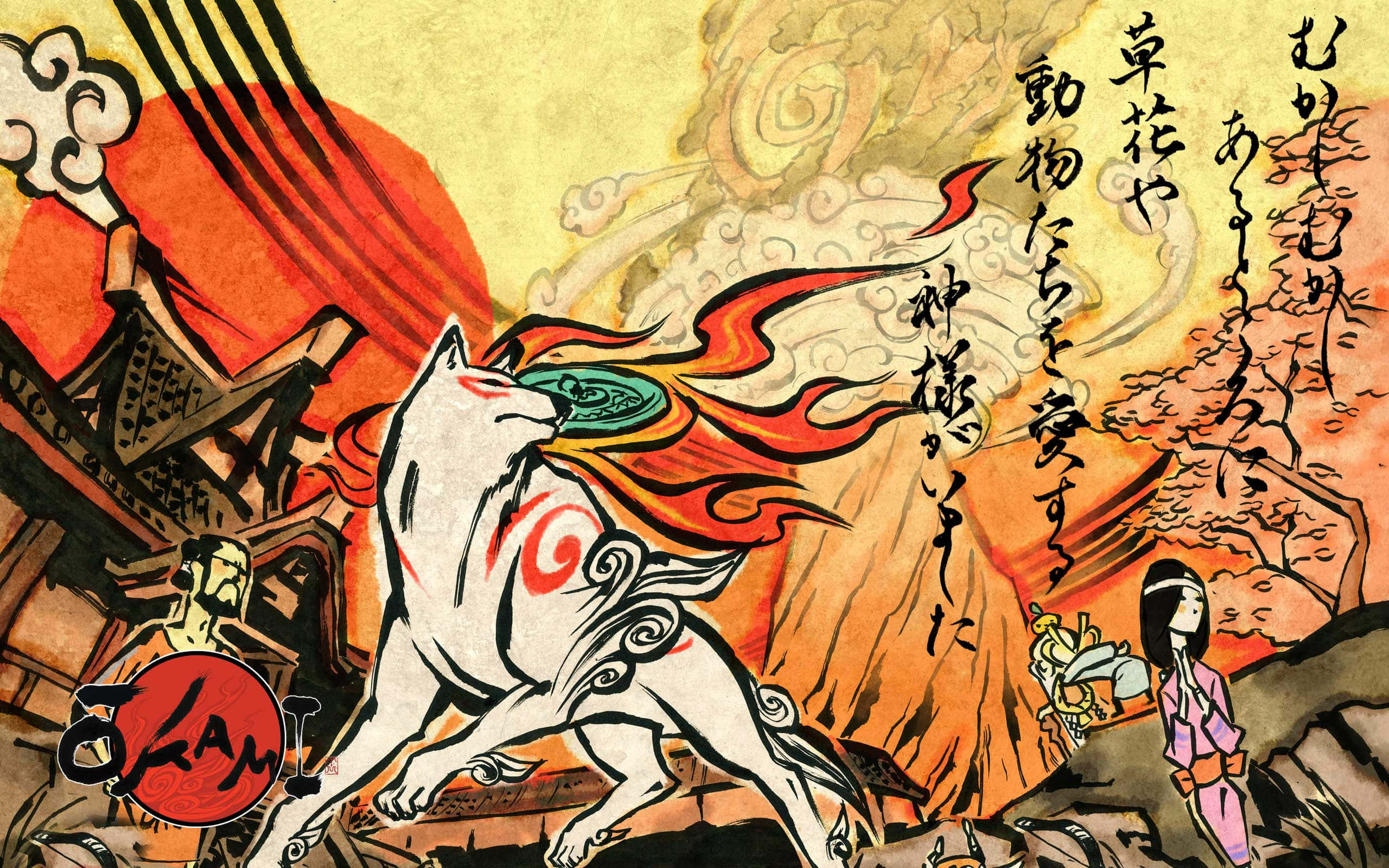 Okami HD, white fox spirit, fiery red mane, 2K Desktop Wallpaper