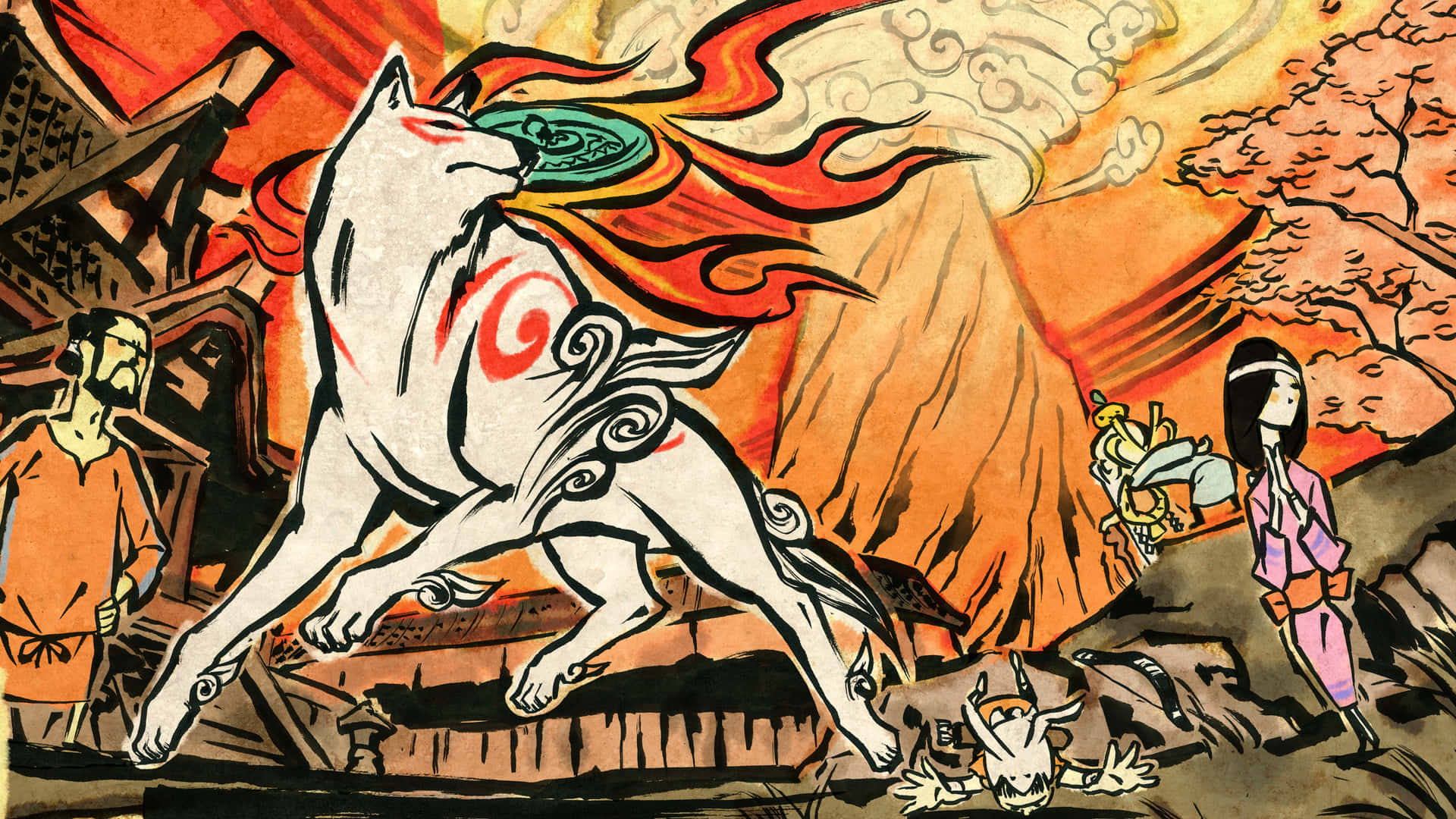 Okami HD, white wolf, red markings, Full HD Desktop Wallpaper
