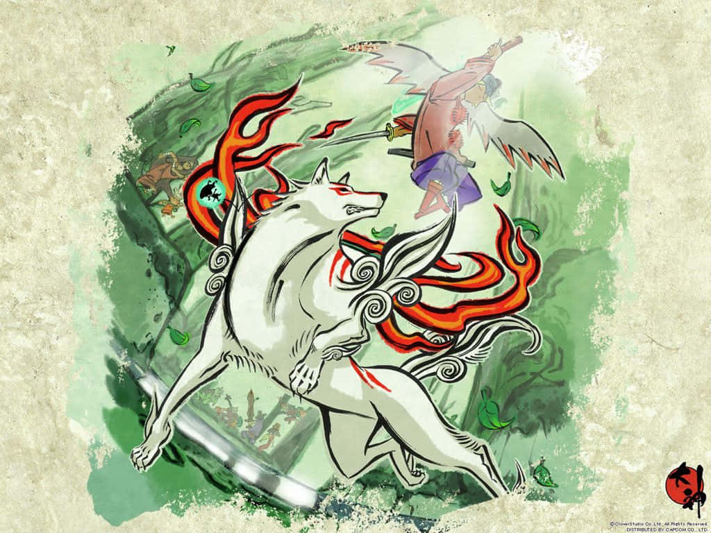 Okami HD, white wolf, fiery red mane, SD Desktop Wallpaper