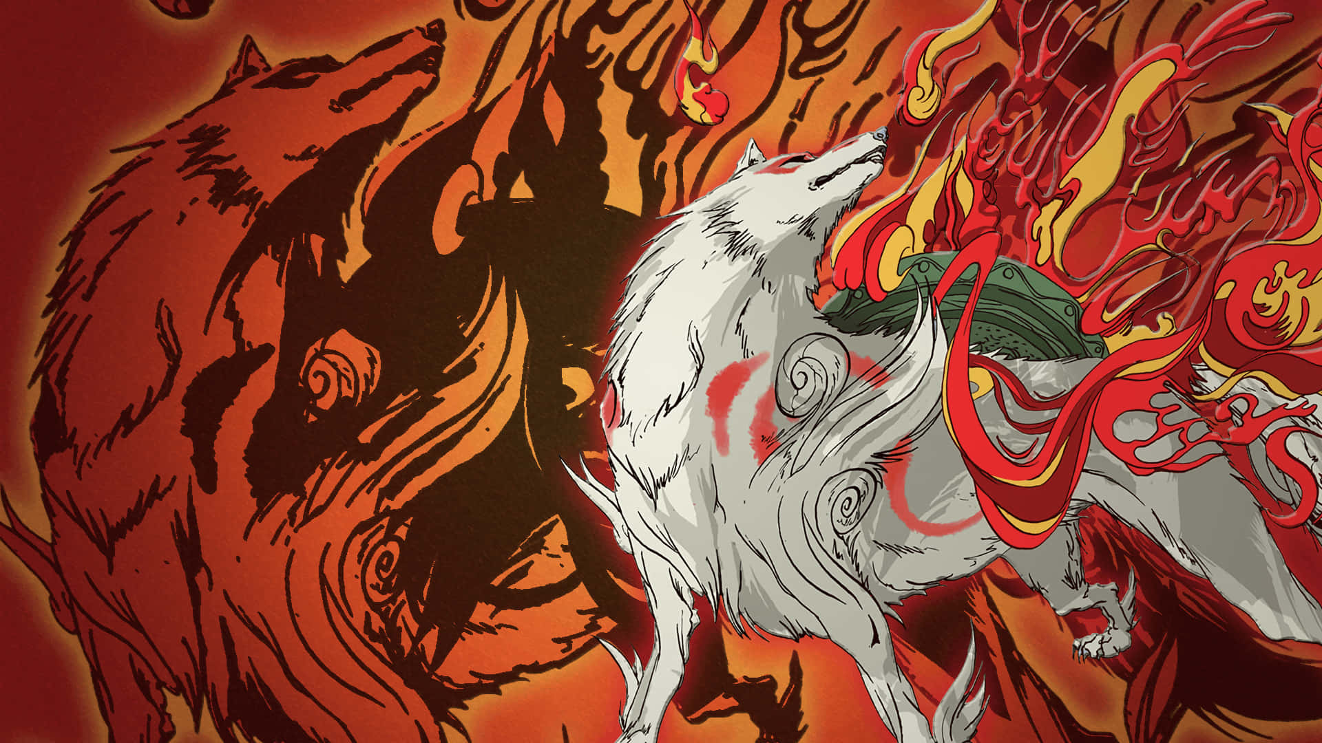 Okami HD, white wolf, red and orange flames, Full HD Desktop Wallpaper