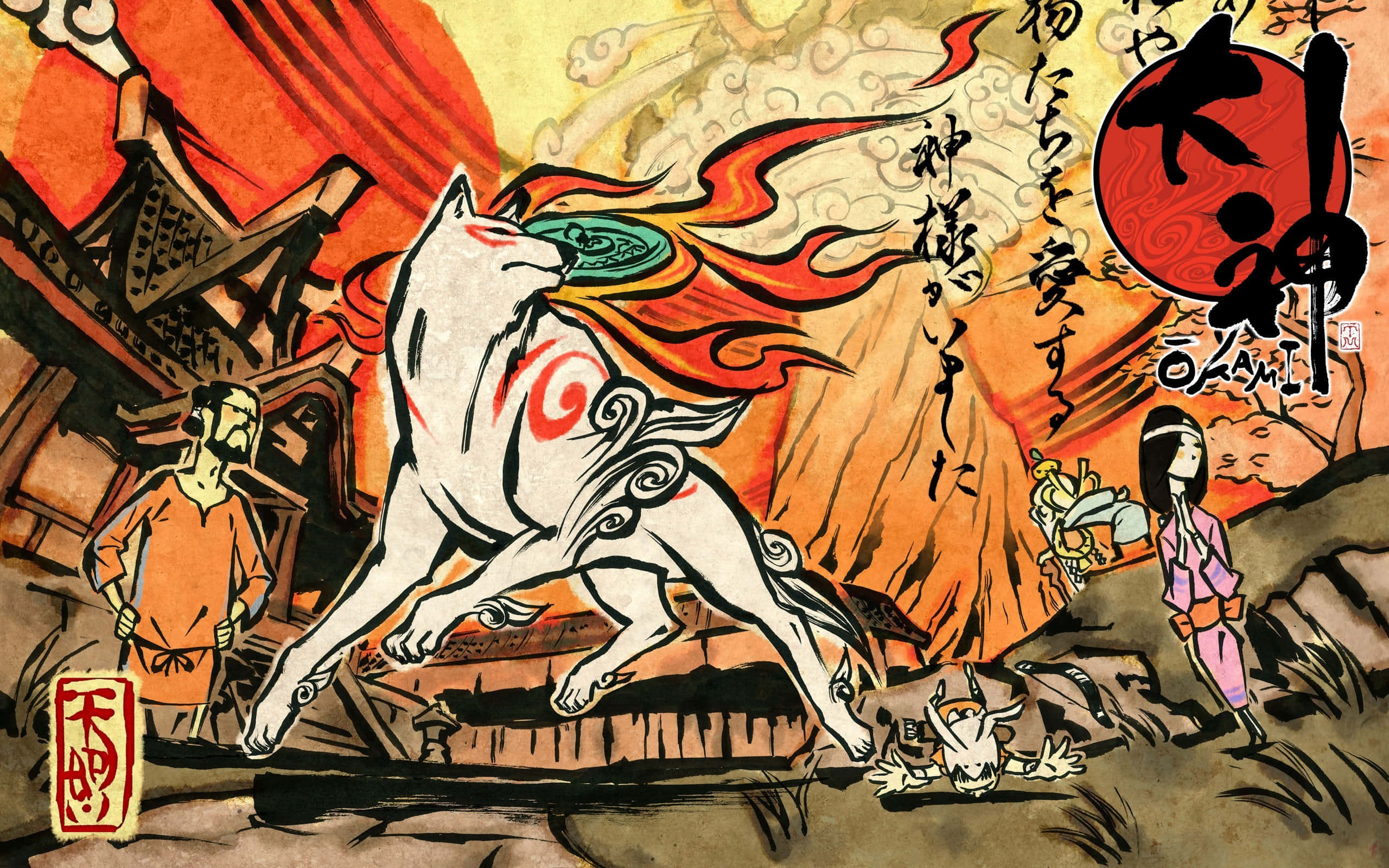 Okami HD, white wolf, red markings, 2K Desktop Wallpaper