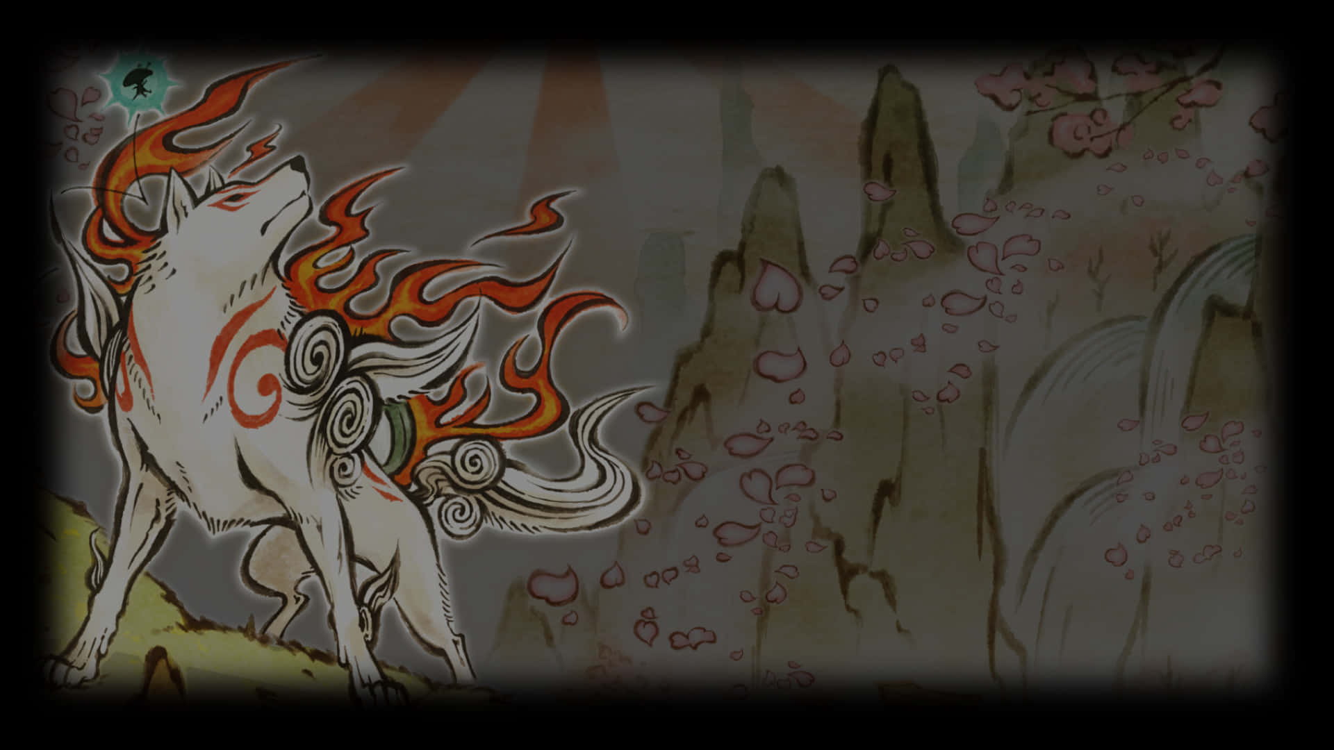 Okami HD, mythical white wolf, fiery orange flames, Full HD Desktop Wallpaper