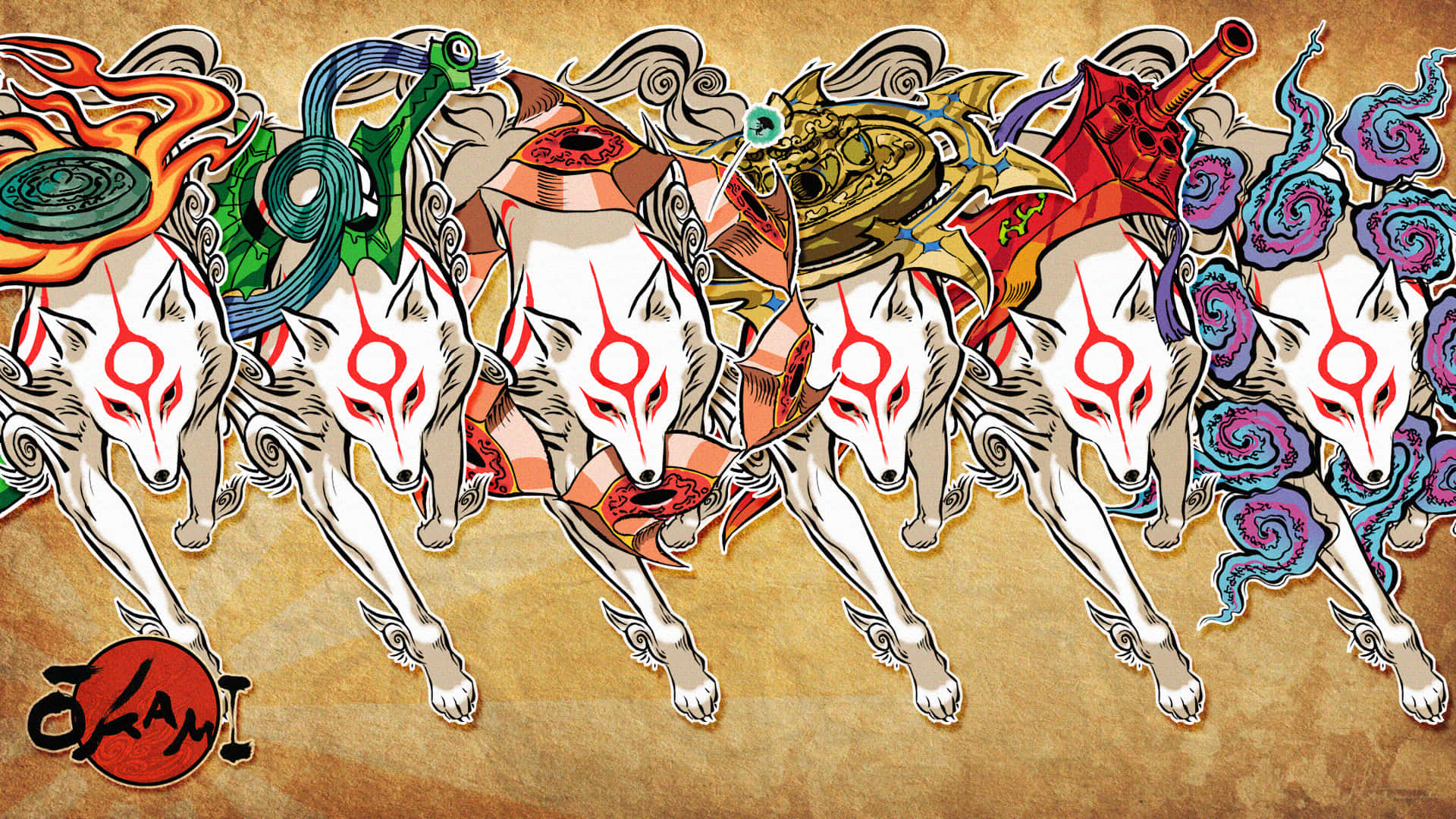 Okami HD, white foxes, red markings, Full HD Desktop Wallpaper