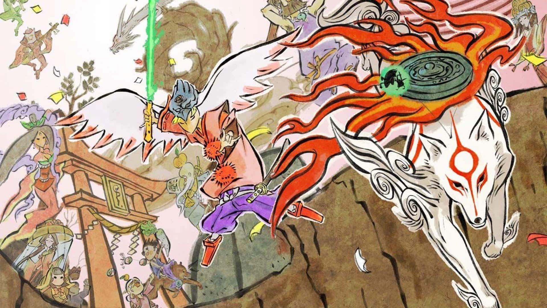 Okami HD, fiery white fox, shrine-filled landscape, Full HD Desktop Wallpaper