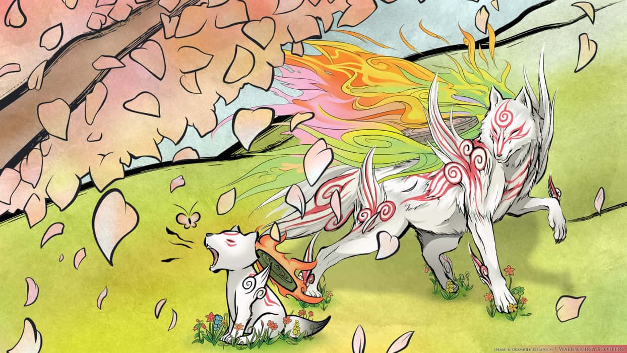 Okami HD, white fox, fiery rainbow fur, SD Desktop Wallpaper