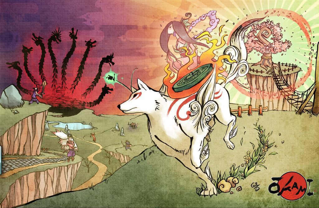 Okami HD, mythical white fox, red markings, SD Desktop Wallpaper
