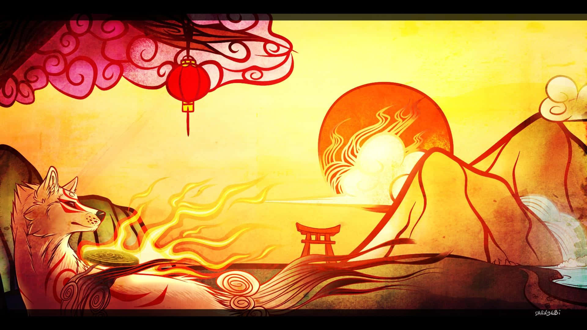 Okami HD, fox spirit, red lantern, Full HD Desktop Wallpaper