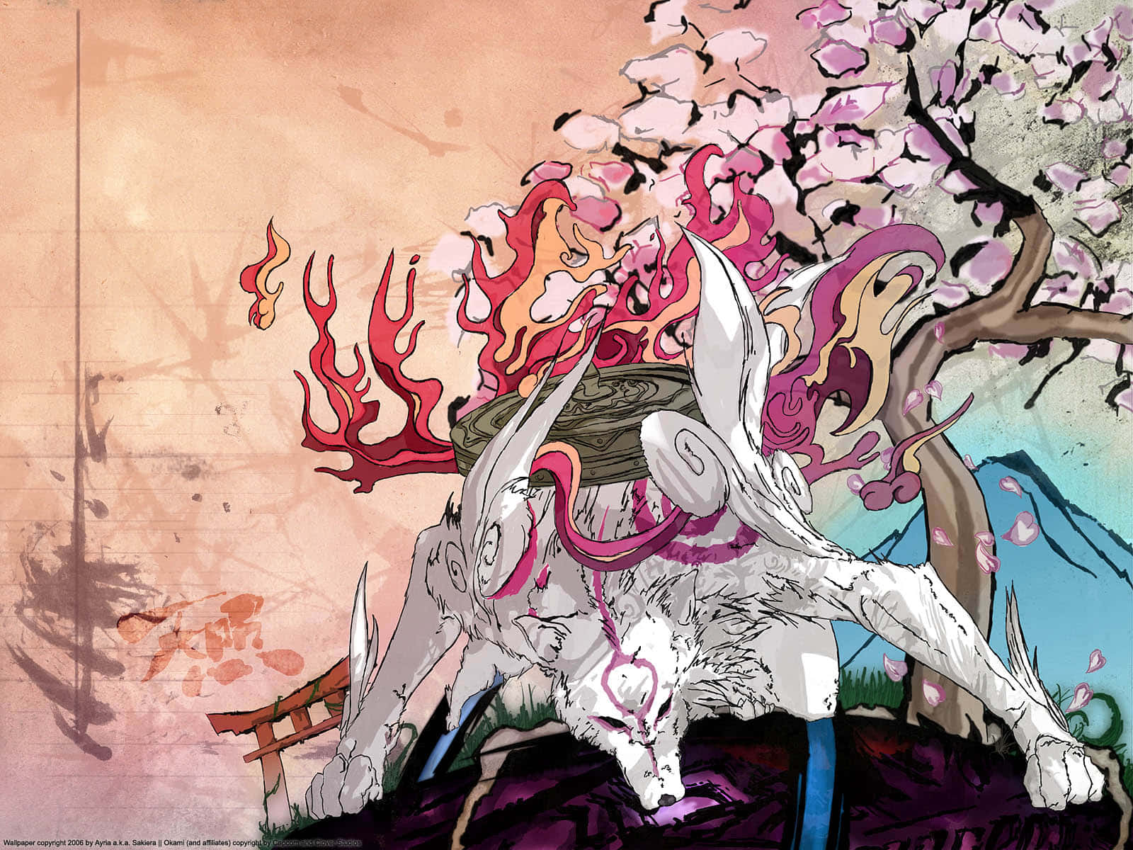 Okami HD, nine-tailed fox, pink markings, HD Desktop Wallpaper