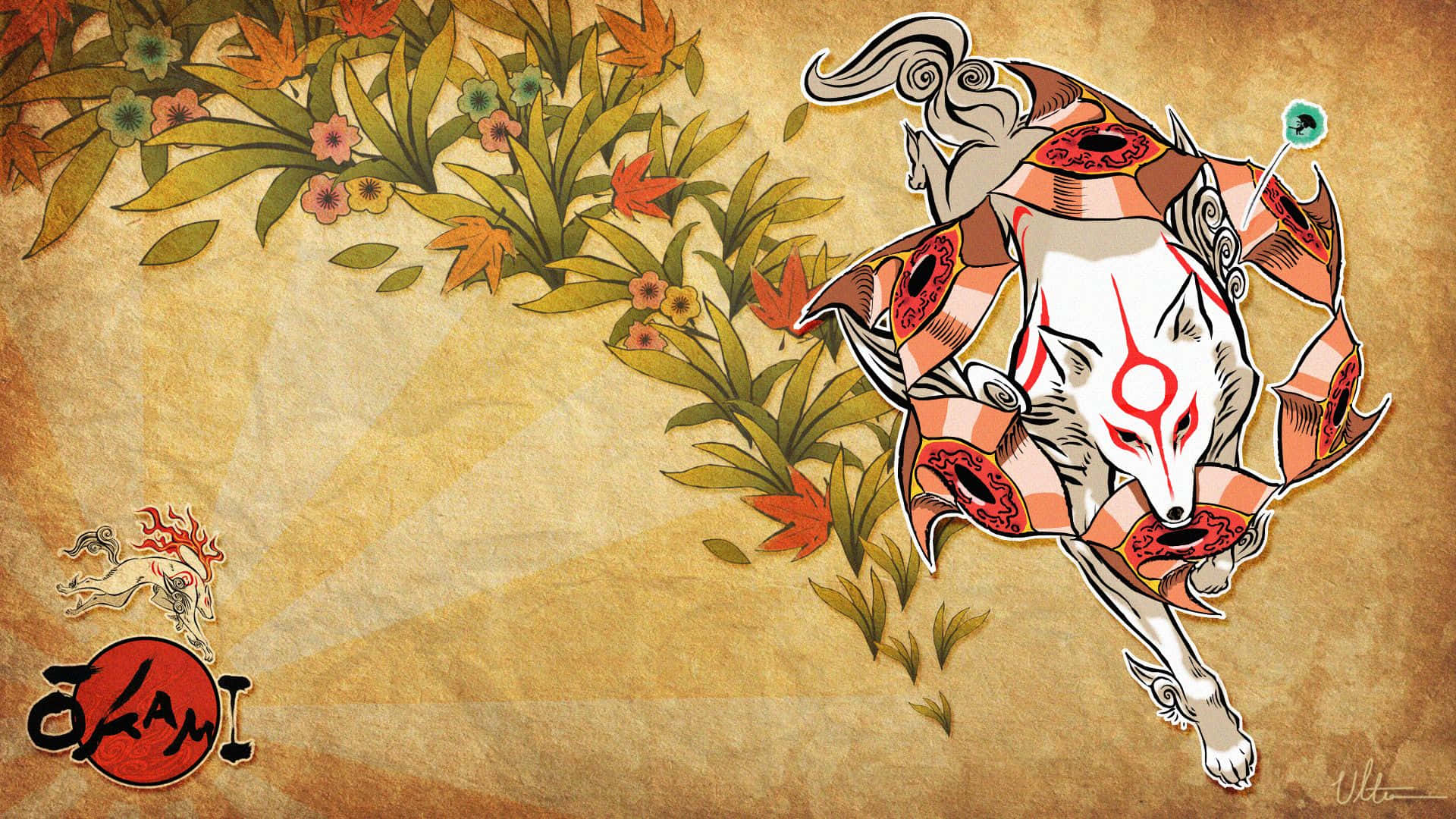 Okami HD, white fox, red markings, Full HD Desktop Wallpaper