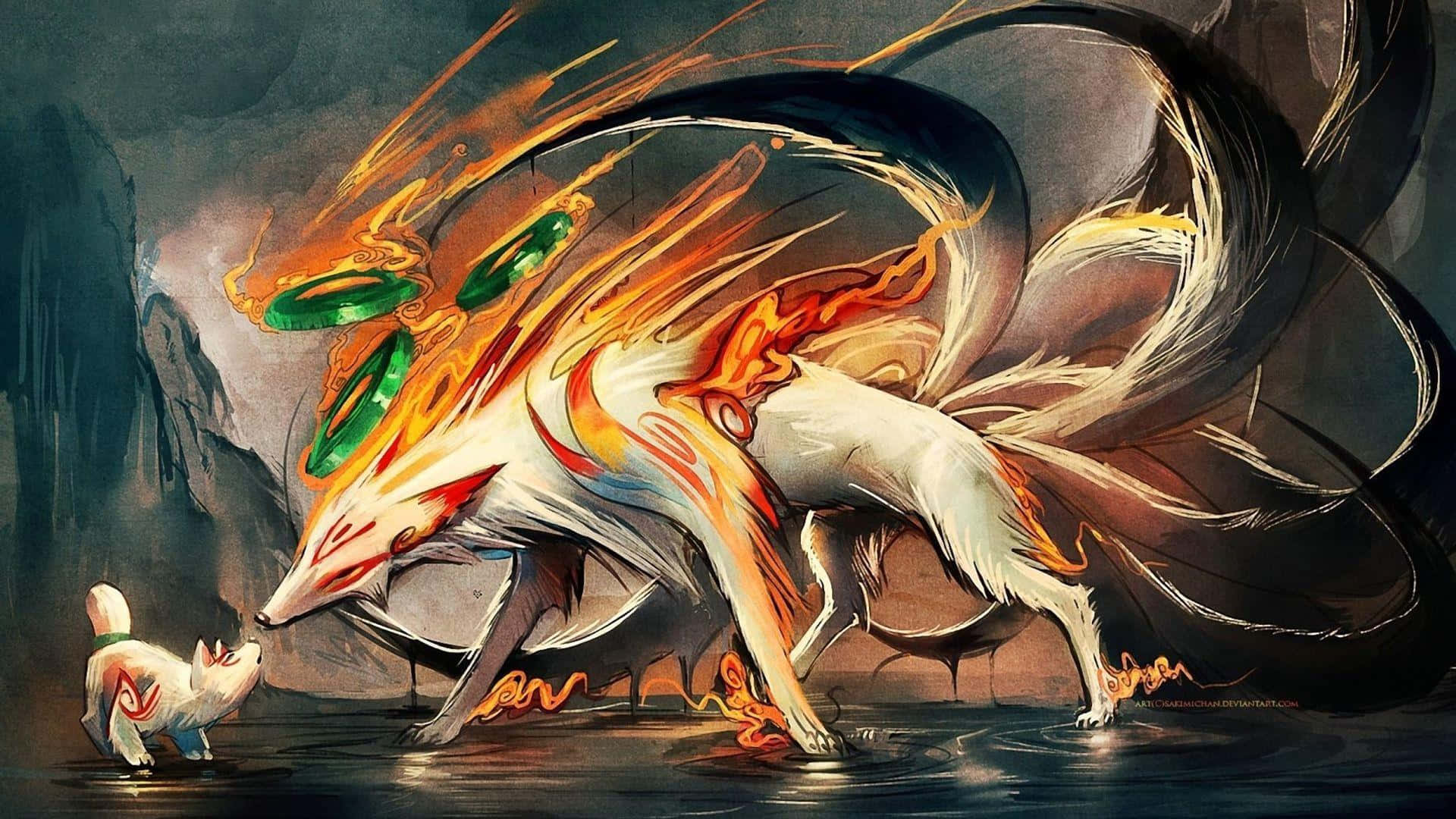 Okami HD, nine-tailed fox, fiery orange and white fur, Full HD Desktop Wallpaper