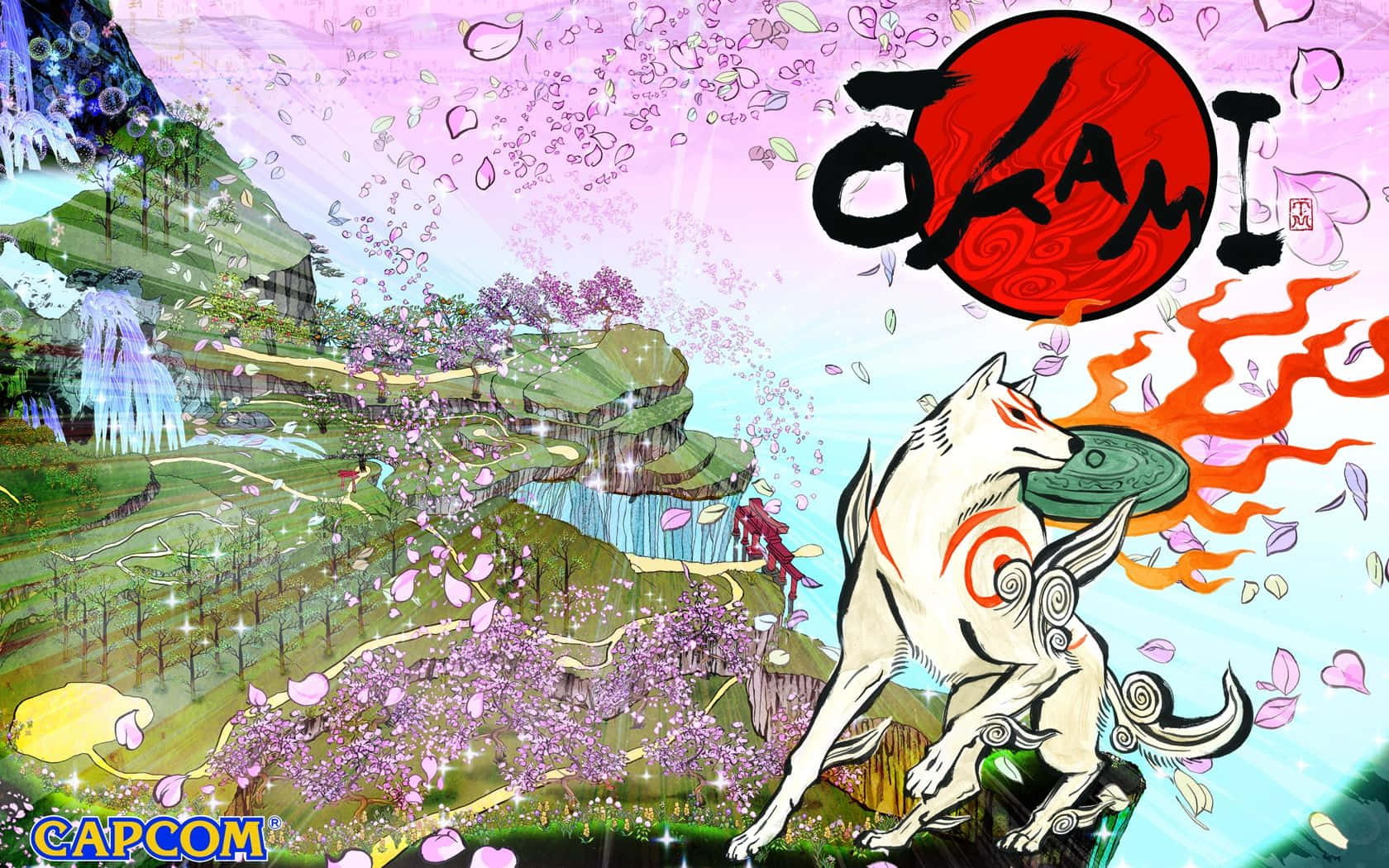 Okami HD, white wolf, red markings, HD Desktop Wallpaper