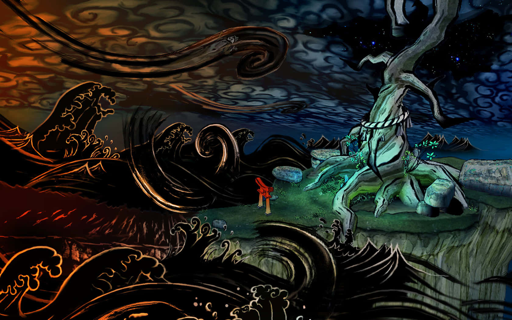 Okami HD, red figure, colossal gnarled tree, HD Desktop Wallpaper