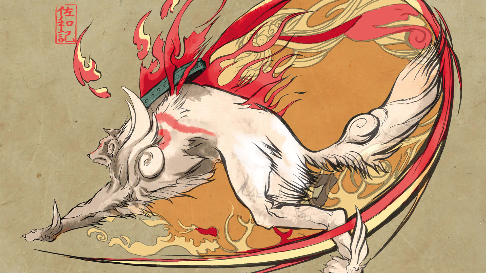 Okami HD, white fox, fiery red and gold swirls, Full HD Desktop Wallpaper