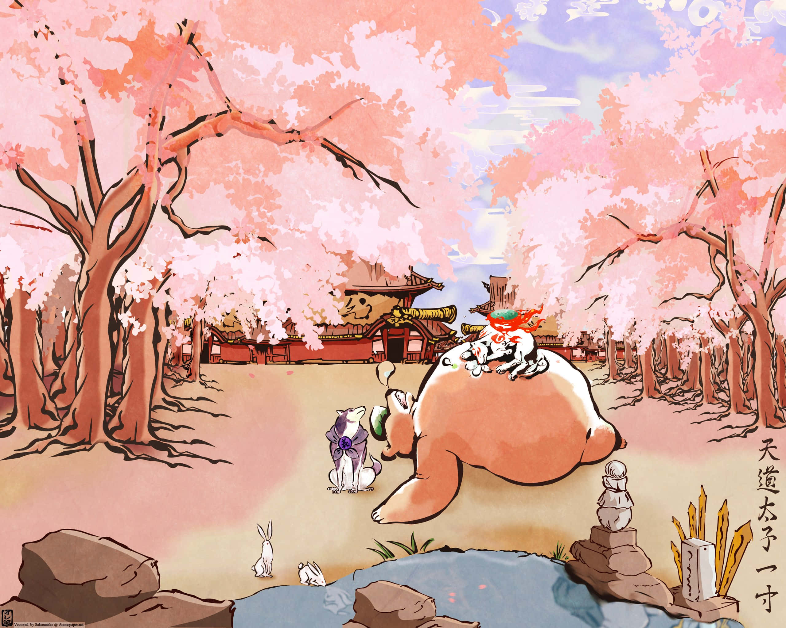 Okami HD, tanuki, cherry blossom grove, 2K Desktop Wallpaper