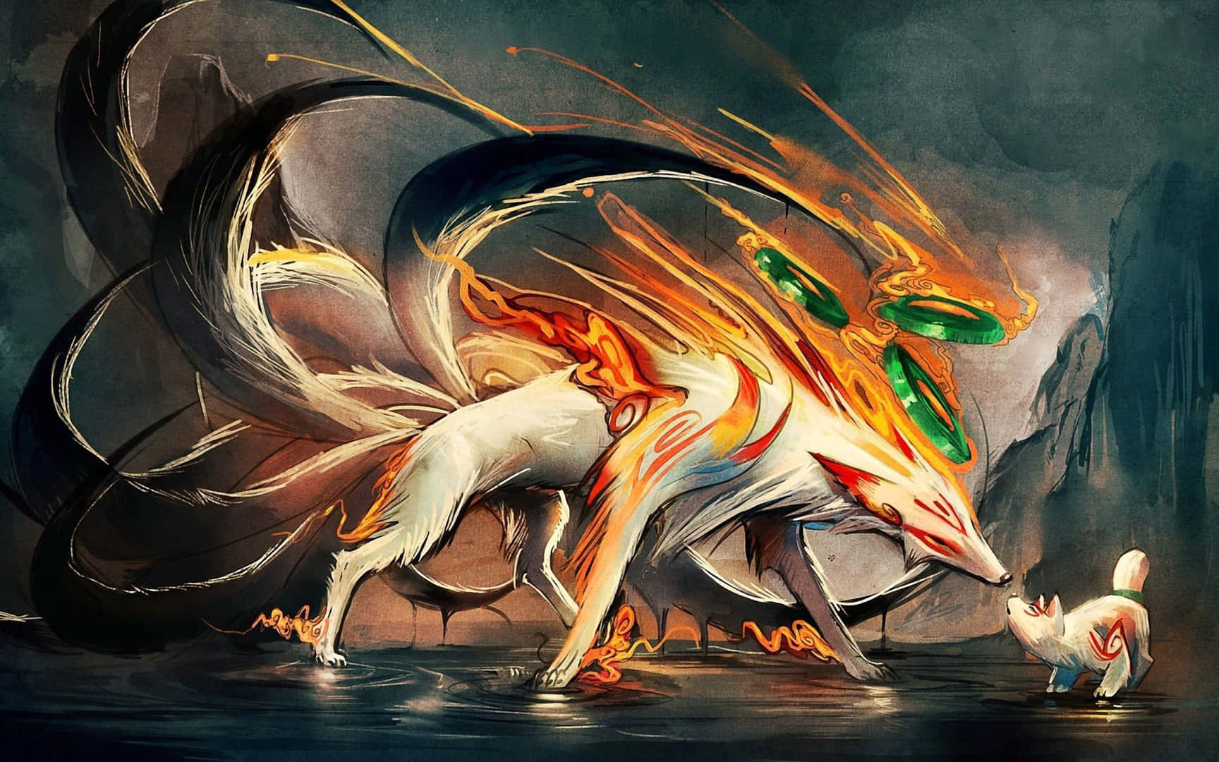 Okami HD, nine-tailed fox, fiery orange and white fur, HD Desktop Wallpaper