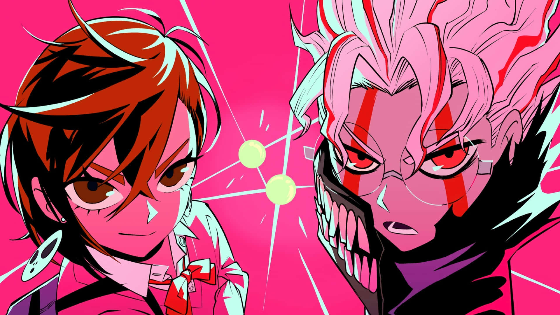 Okarun, anime characters, vibrant pink background, Full HD Desktop Wallpaper