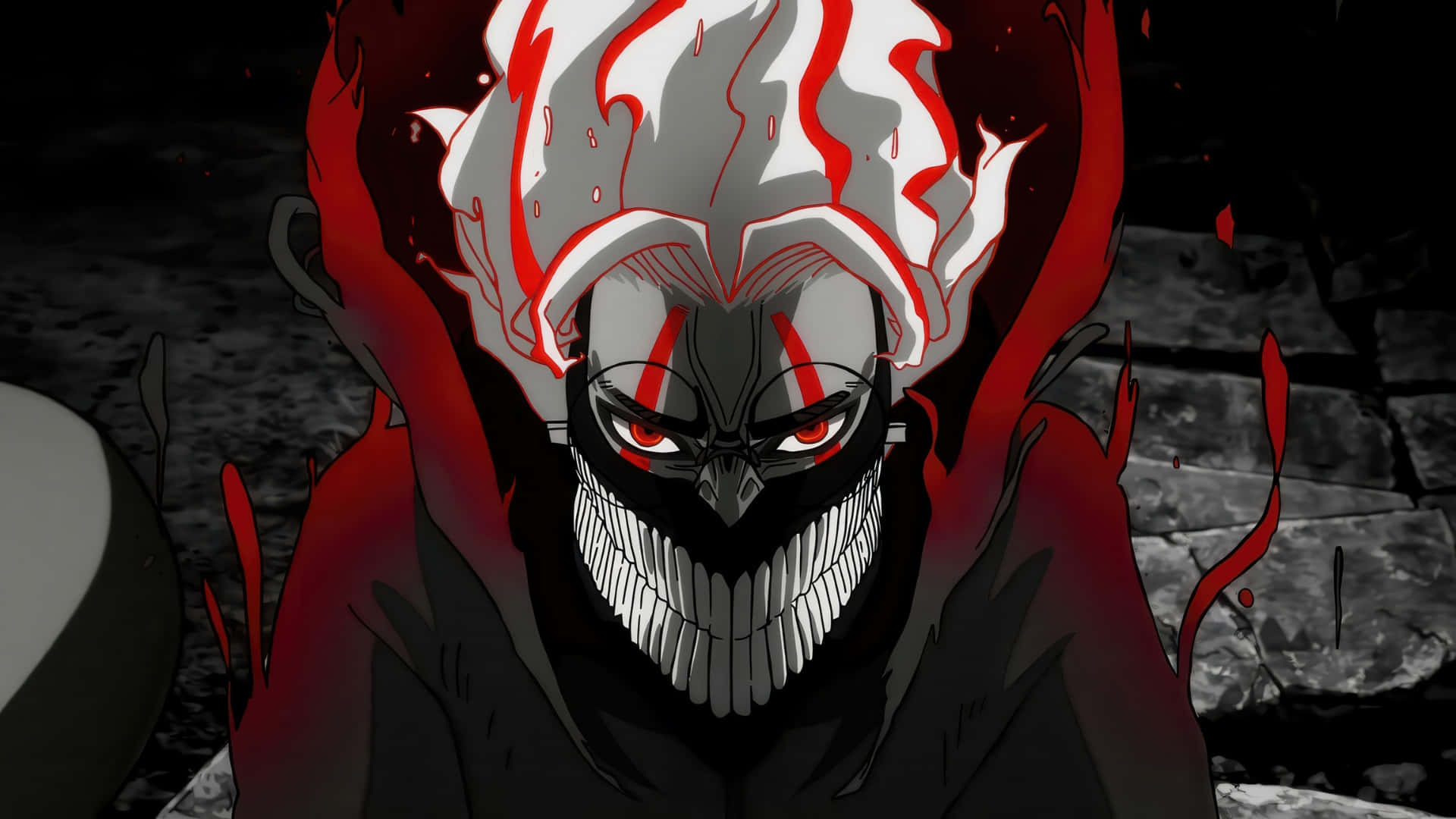 Okarun, white hair streaked in red, wide toothy grin, Full HD Desktop Wallpaper