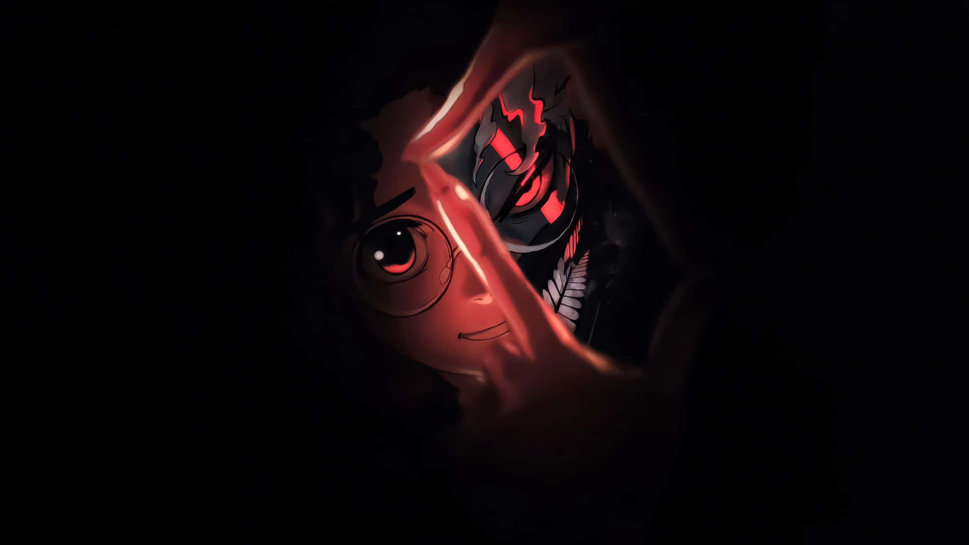 Okarun, glowing red eyes, cracked mirror, Full HD Desktop Wallpaper