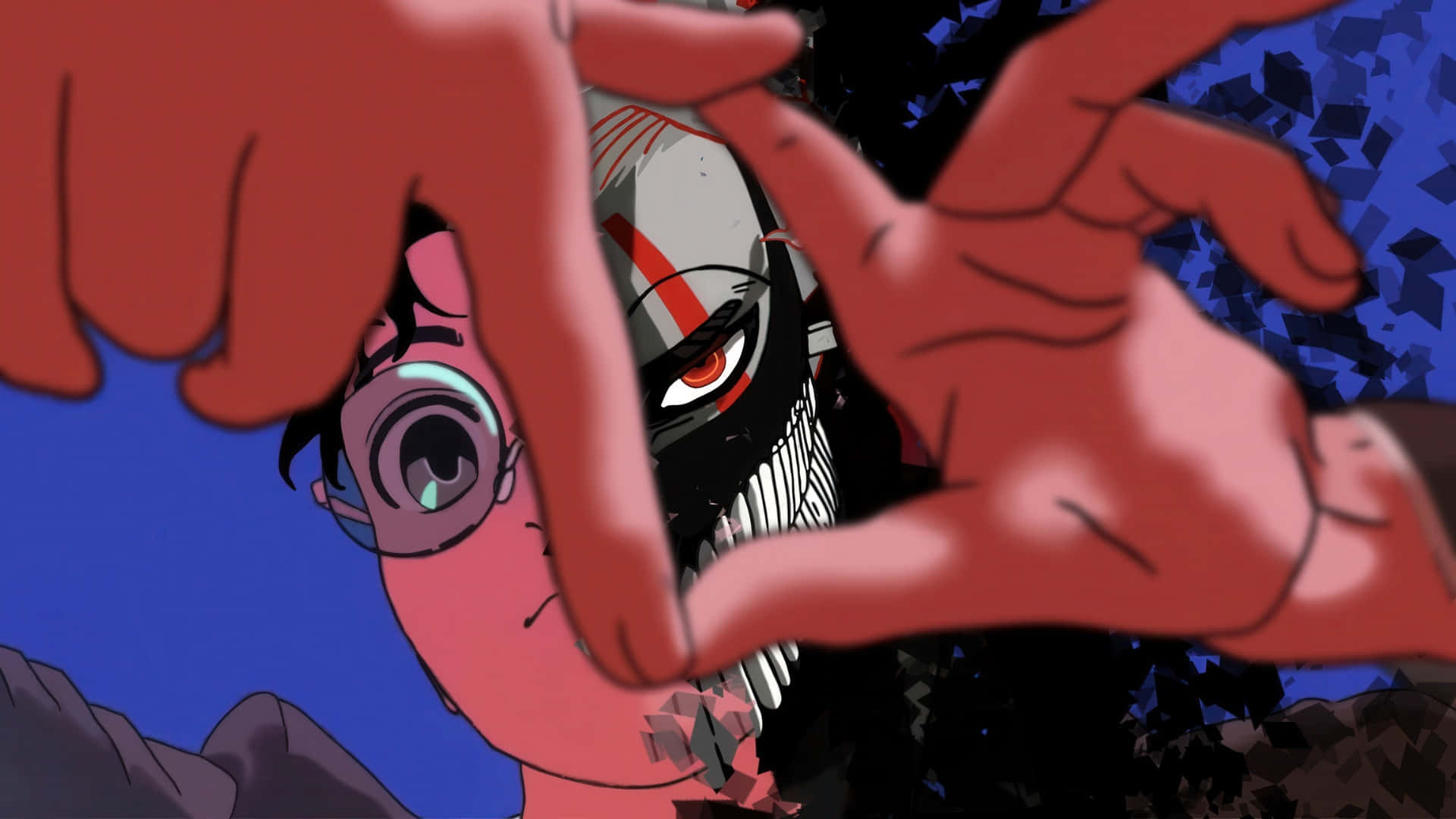 Okarun, masked transformation, pink-skinned anime girl, Full HD Desktop Wallpaper