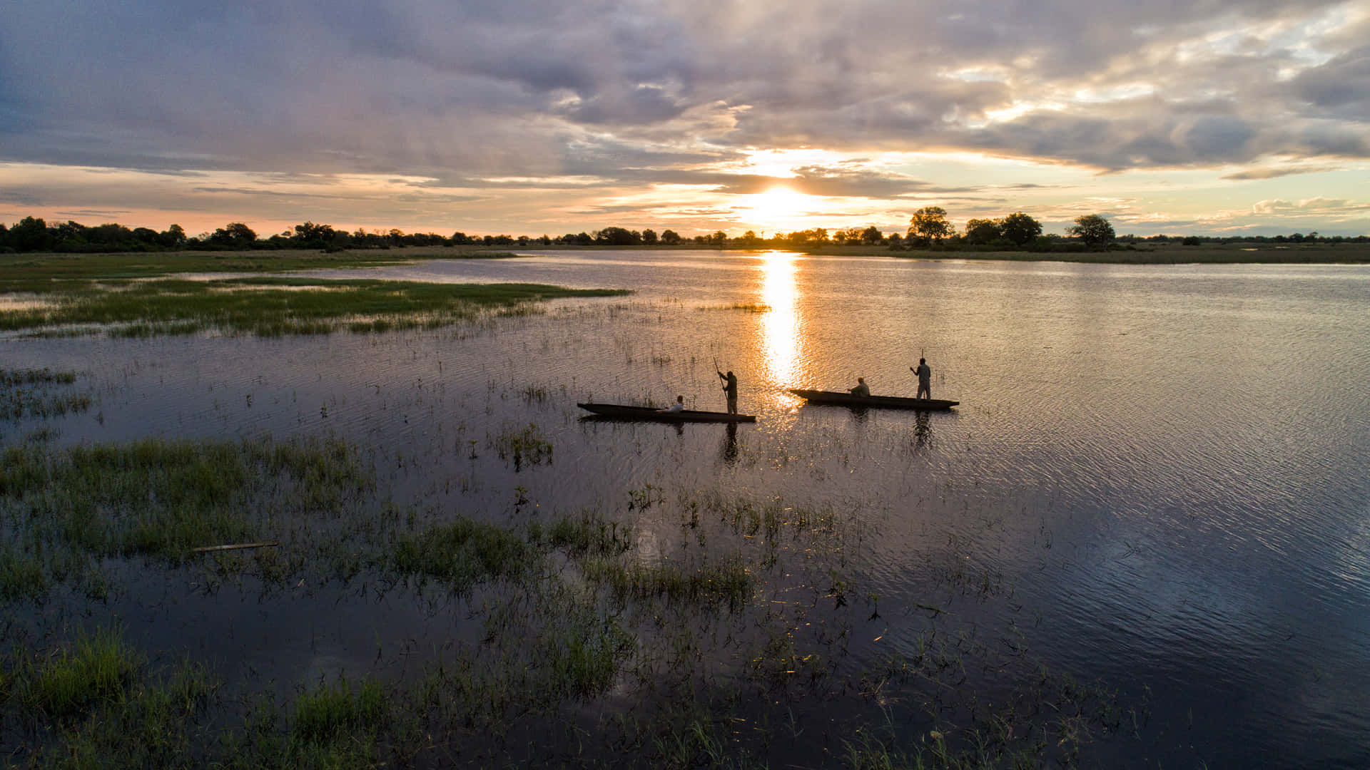 Okavango Delta, canoes, golden sunset, Full HD Desktop Wallpaper