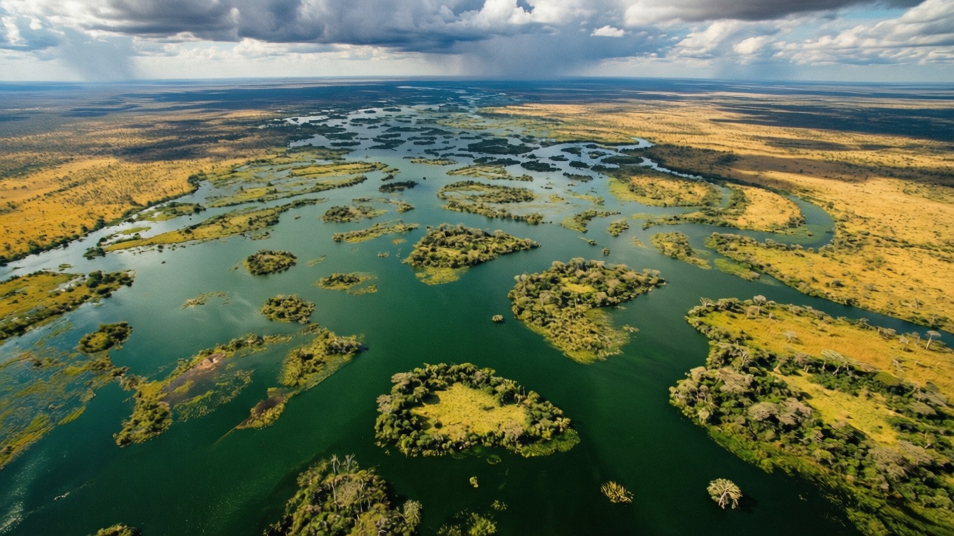 aerial view, vast river system, golden savanna, Full HD Desktop Wallpaper