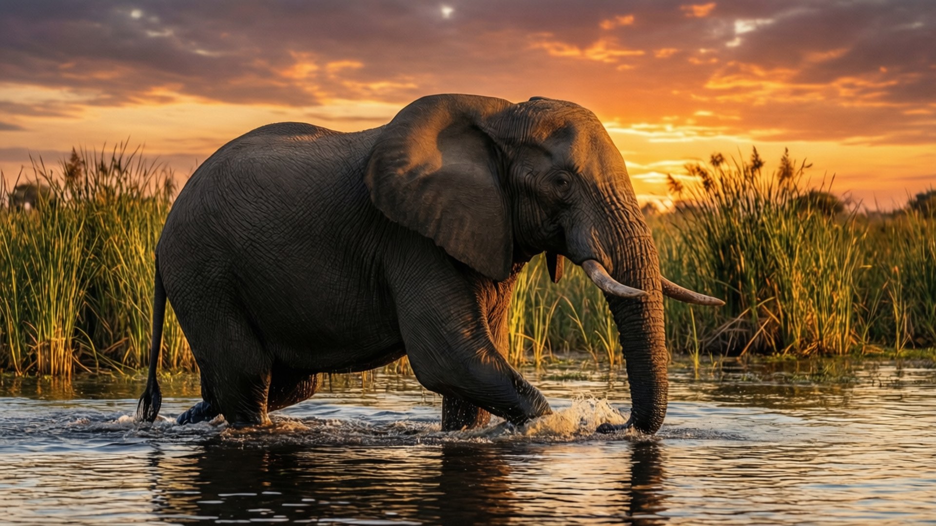elephant, wading, sunset, Full HD Desktop Wallpaper