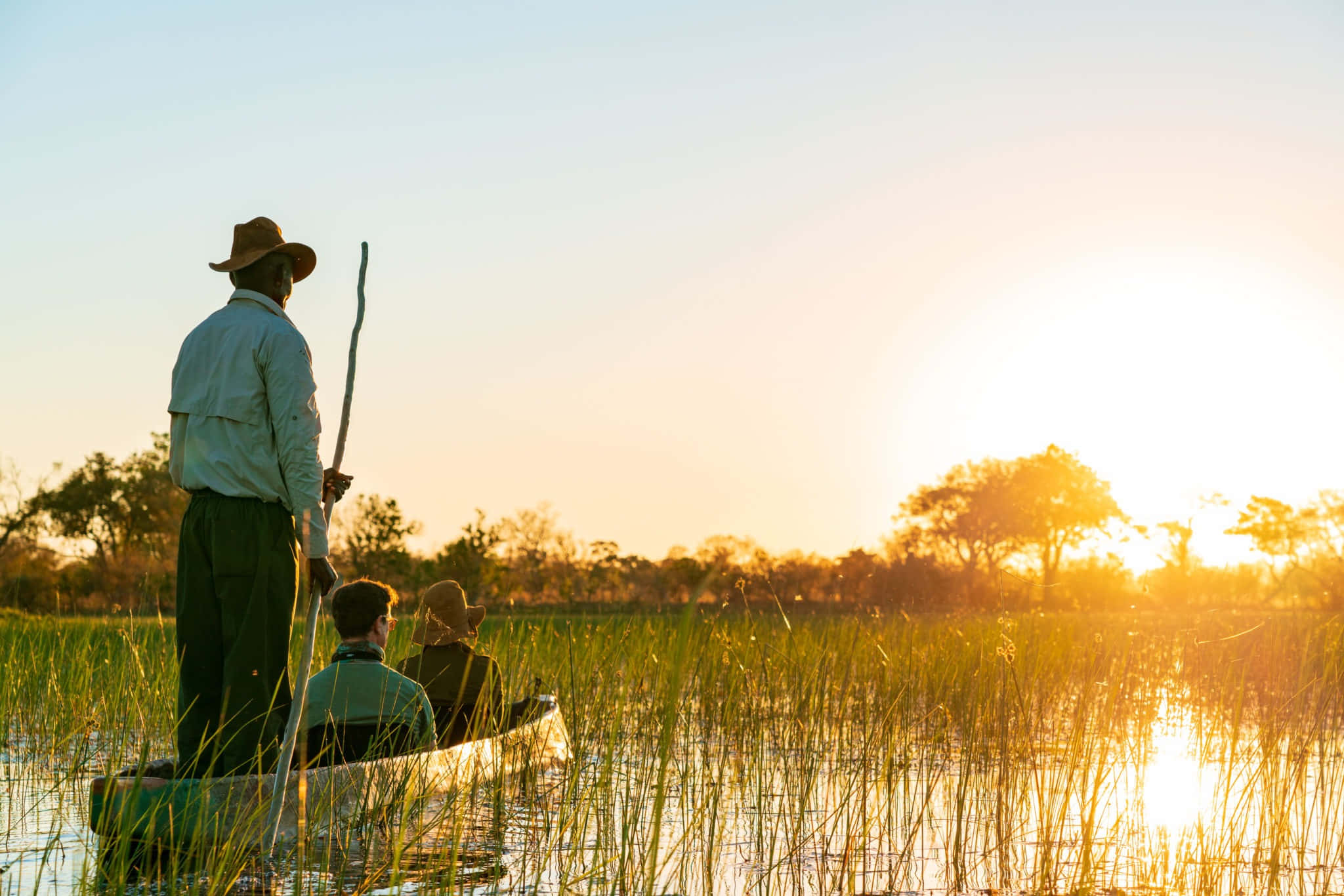 Okavango Delta, canoe, golden sunset, Full HD Desktop Wallpaper